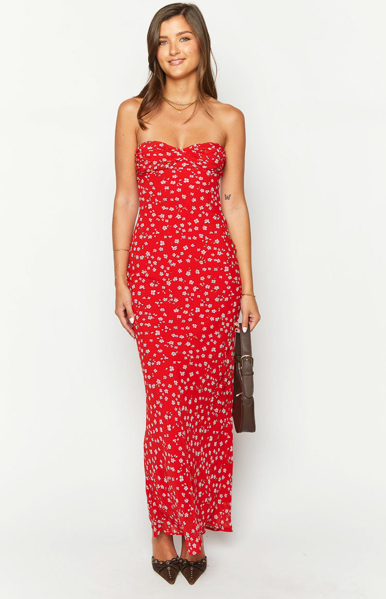 Elegant Ashley Red Floral Maxi Dress for Women - Formal Evening Gown for Weddings, Parties & Special Occasions