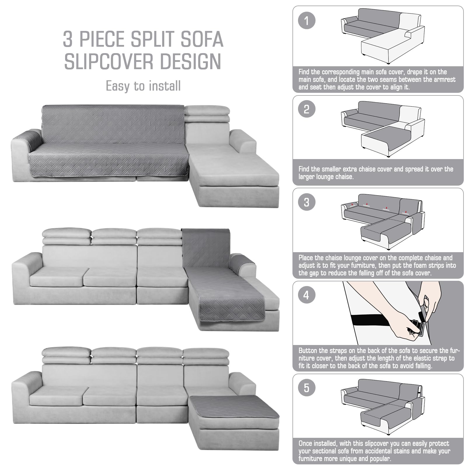 TAOCOCO Waterproof L-Shaped Sectional Sofa Cover Set - 3-Piece Reversible Couch Protector with Elastic Straps for Pets & Kids (X-Large, Gray) | Perfect for Living Room, Family Room & Pet-Friendly Homes