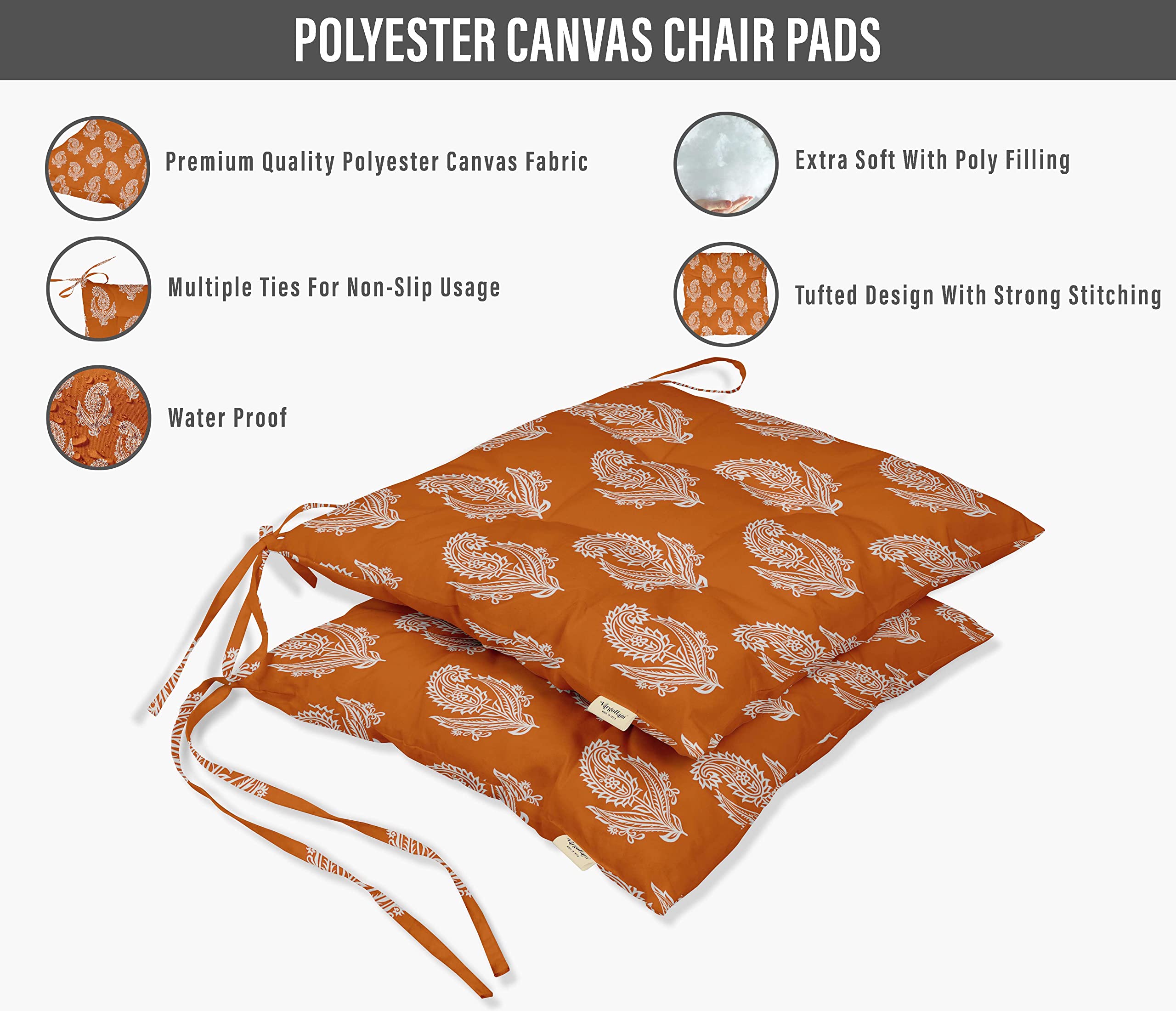 Water Resistant Indoor/Outdoor Tufted Square Patio Cushion Set of 2 - 19-inch Orange Asian Block Paisley Printed Seat Cushions for Garden, Poolside & Deck Furniture | Weatherproof Outdoor Pillows