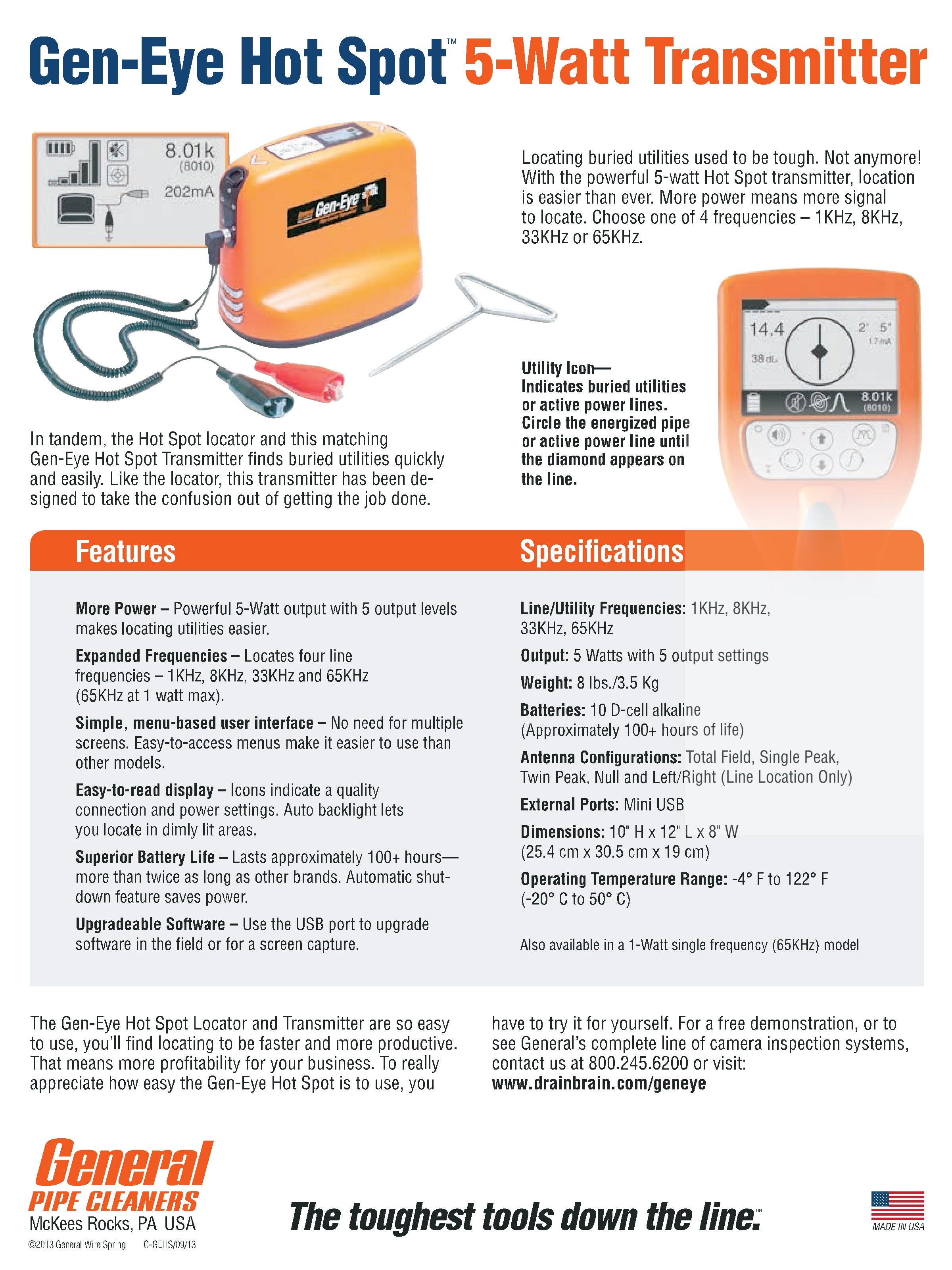 General Pipe Cleaners Hot Spot Pipe Locator - 5 Watt Transmitter Kit for Underground Pipe Detection | Ideal for Plumbing, Irrigation & Utility Line Maintenance