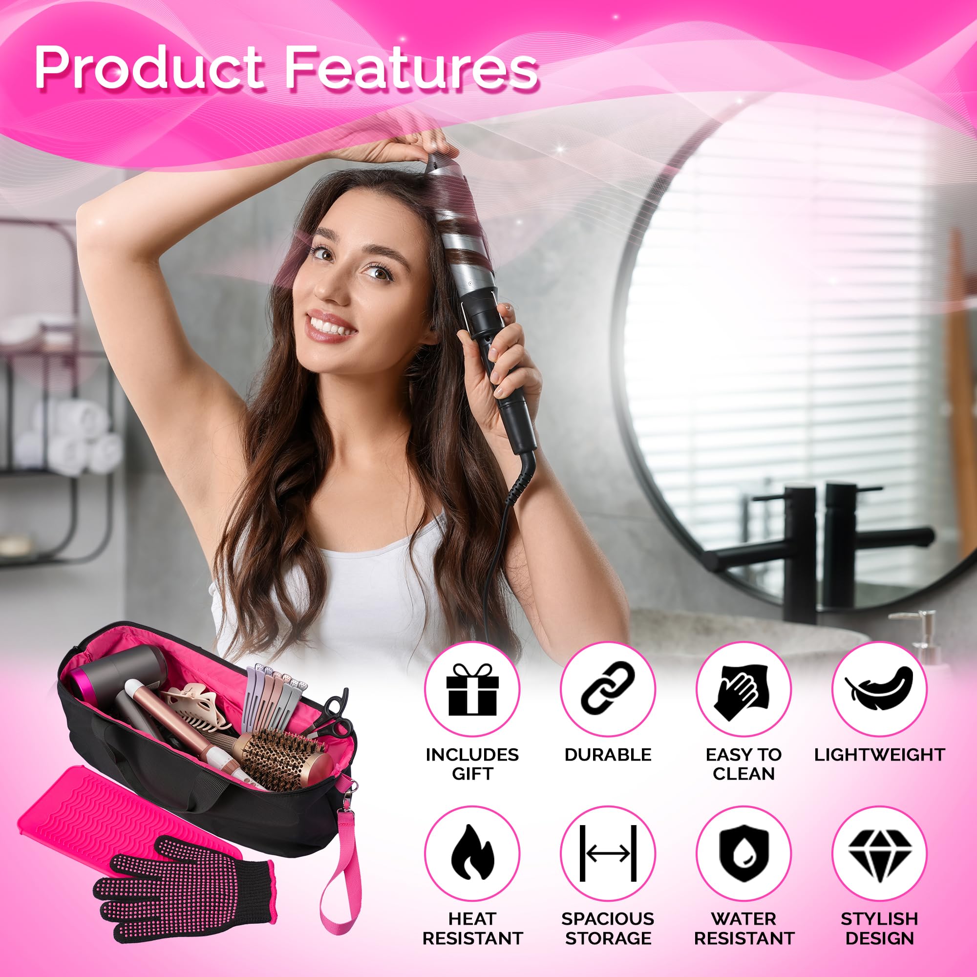 Heat Resistant Travel Bag for Flat Iron, Hair Straightener & Curling Iron - Portable Hot Tools Organizer with Silicone Mat & Glove - Perfect for Travel, Salon Visits & Home Storage