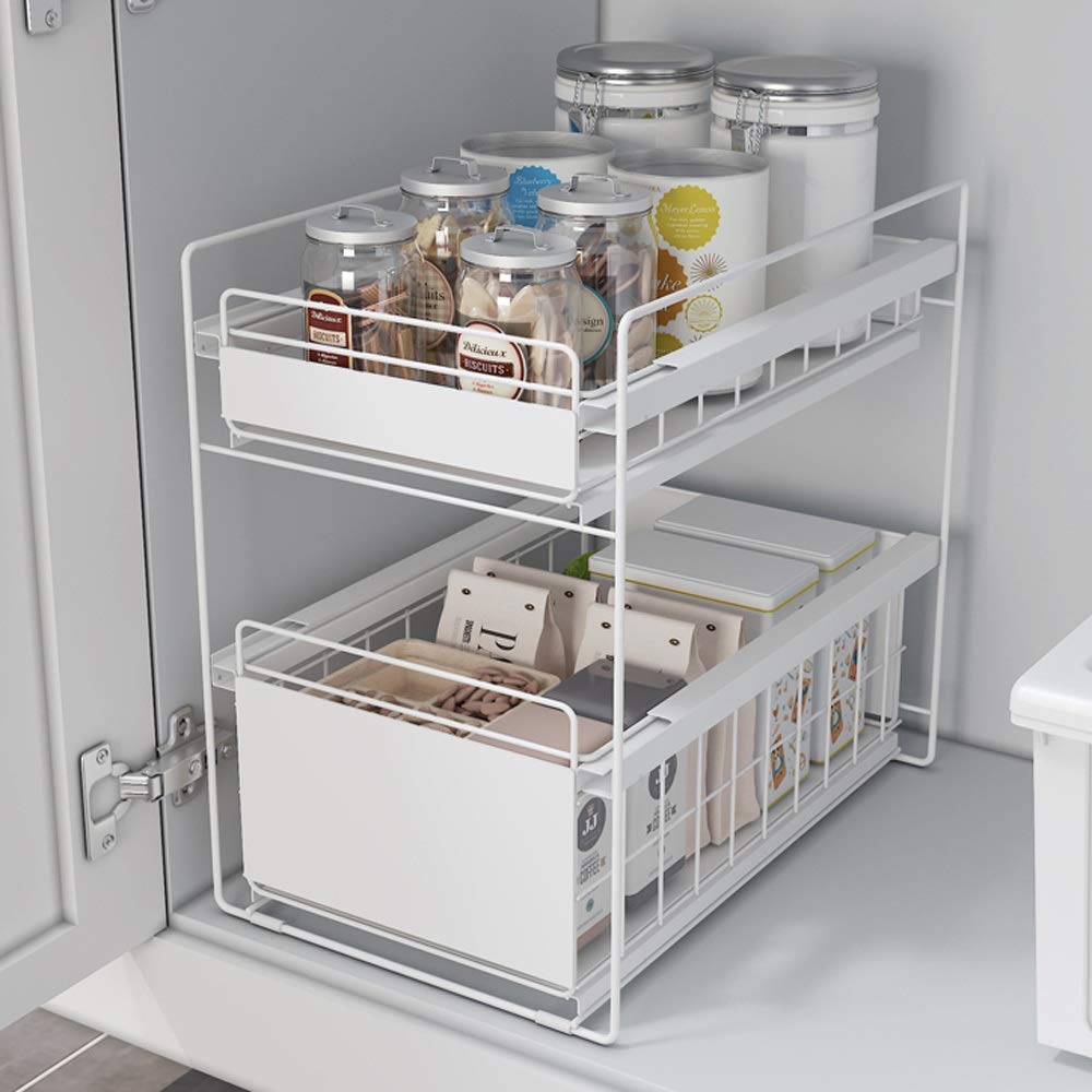 Expandable 2-Tier Under Sink Cabinet Organizer with Sliding Drawer - Space Saving Storage Rack for Kitchen, Bathroom & Office (White, 40x27x39cm) - Perfect for Organizing Cleaning Supplies, Cosmetics & Office Essentials