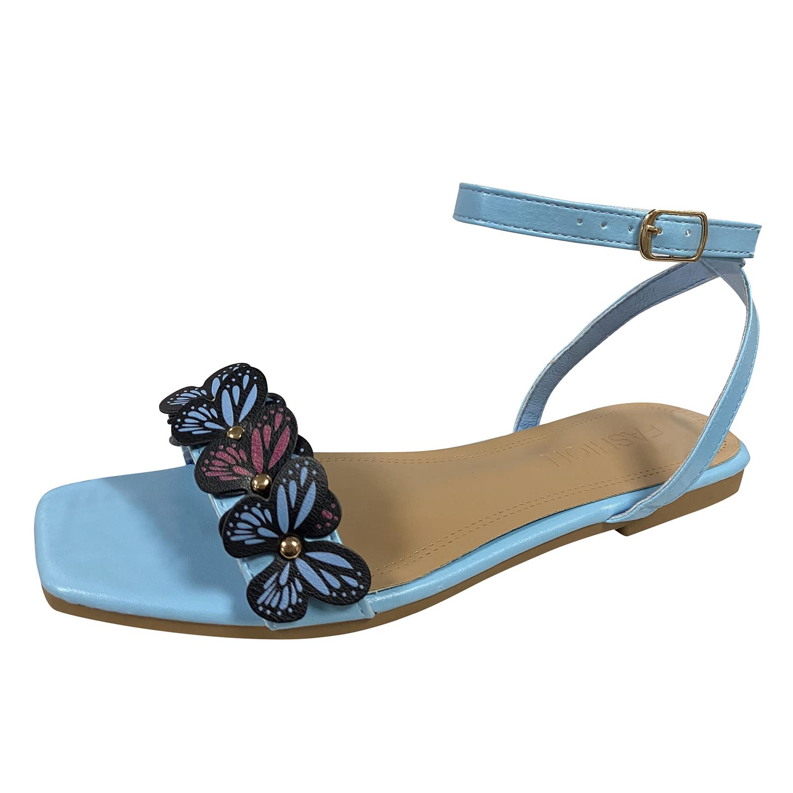 Non-Slip Women's Summer Sandals with Butterfly Decor - Open Toe Roman Buckle Fashion Sandals (Black, Size S) - Perfect for Beach, Pool, and Casual Outings
