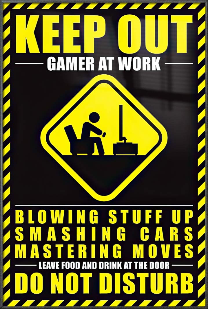 Keep Out Gamer at Work Framed Poster - 24x36 Inch Gaming Wall Art for Man Cave & Game Room Decor (Blowing Stuff Up Design)