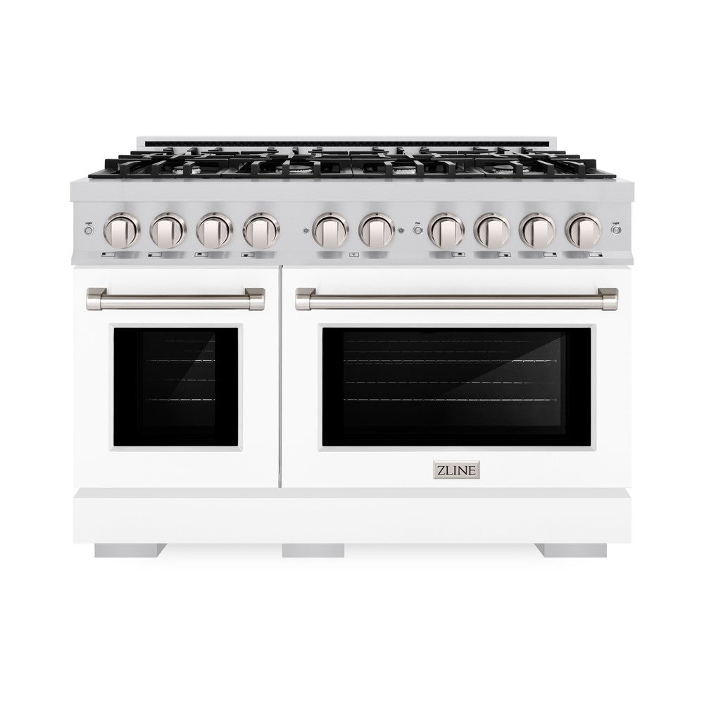 ZLINE 48-Inch Stainless Steel Dual Fuel Range with 8-Burner Gas Cooktop & 6.7 cu. ft. Double Oven - White Matte Doors (HDR WM 48) | Professional Kitchen Appliance for Home Chefs & Entertaining