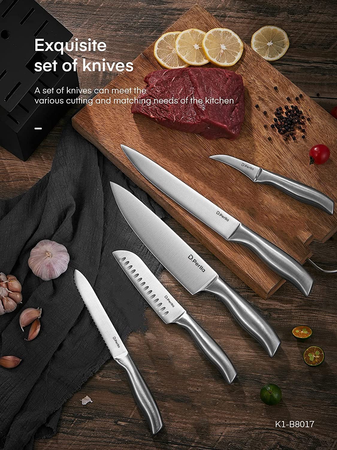 Premium 16-Piece Stainless Steel Kitchen Knife Set with Wooden Block - Razor Sharp Chef Knives, Steak Knives, Shears & Sharpener - Durable Rust-Free Cutlery for Professional Cooking & Home Kitchen Use
