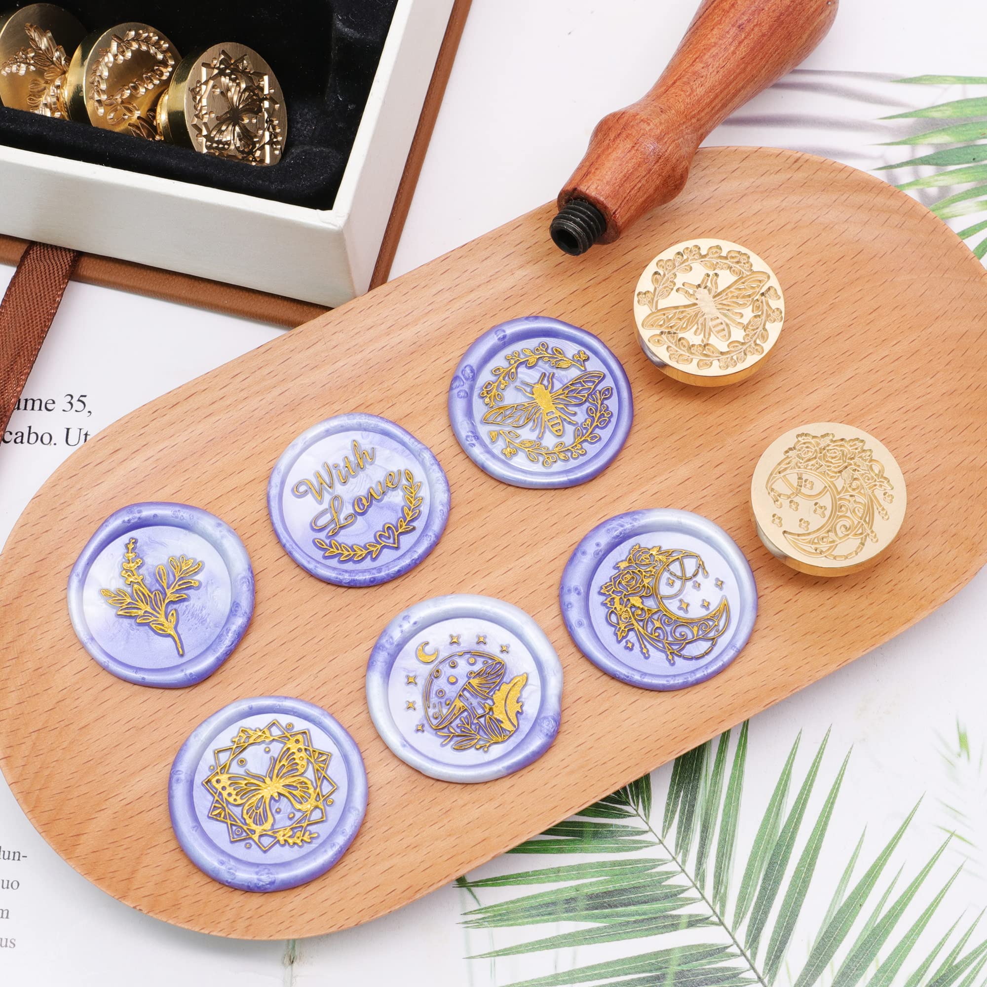 Vintage Wax Seal Stamp Set - 6 Pieces Sealing Wax Stamp Heads with Wooden Handle for Wedding Invitations, Love Letters & DIY Crafts (SWANGSA)