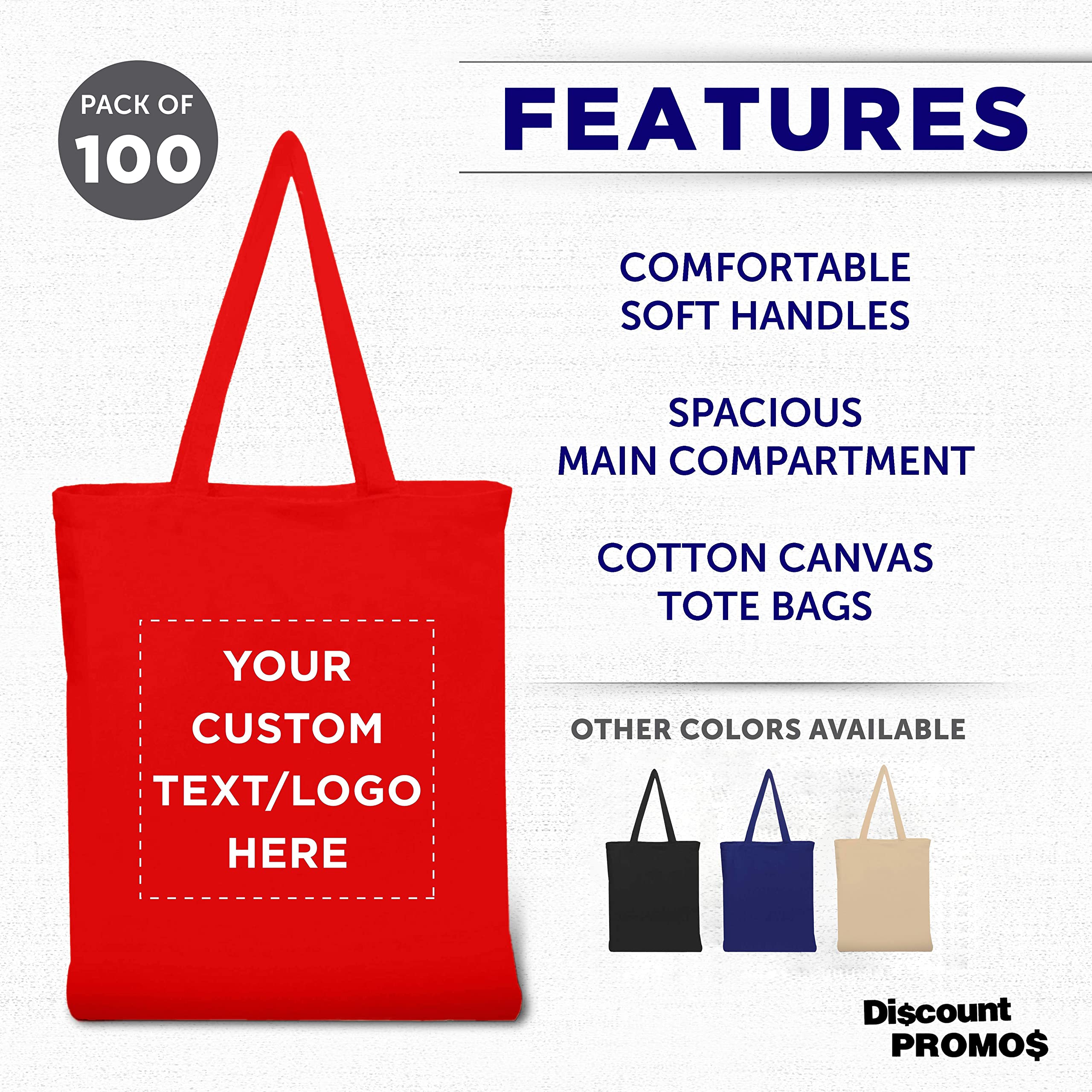 Custom Cotton Canvas Tote Bags Bulk Pack - 100 Reusable Eco-Friendly Shopping Bags with Personalization Option | Perfect for Grocery, Beach, Picnic, Wedding Favors & Promotional Events (Red)