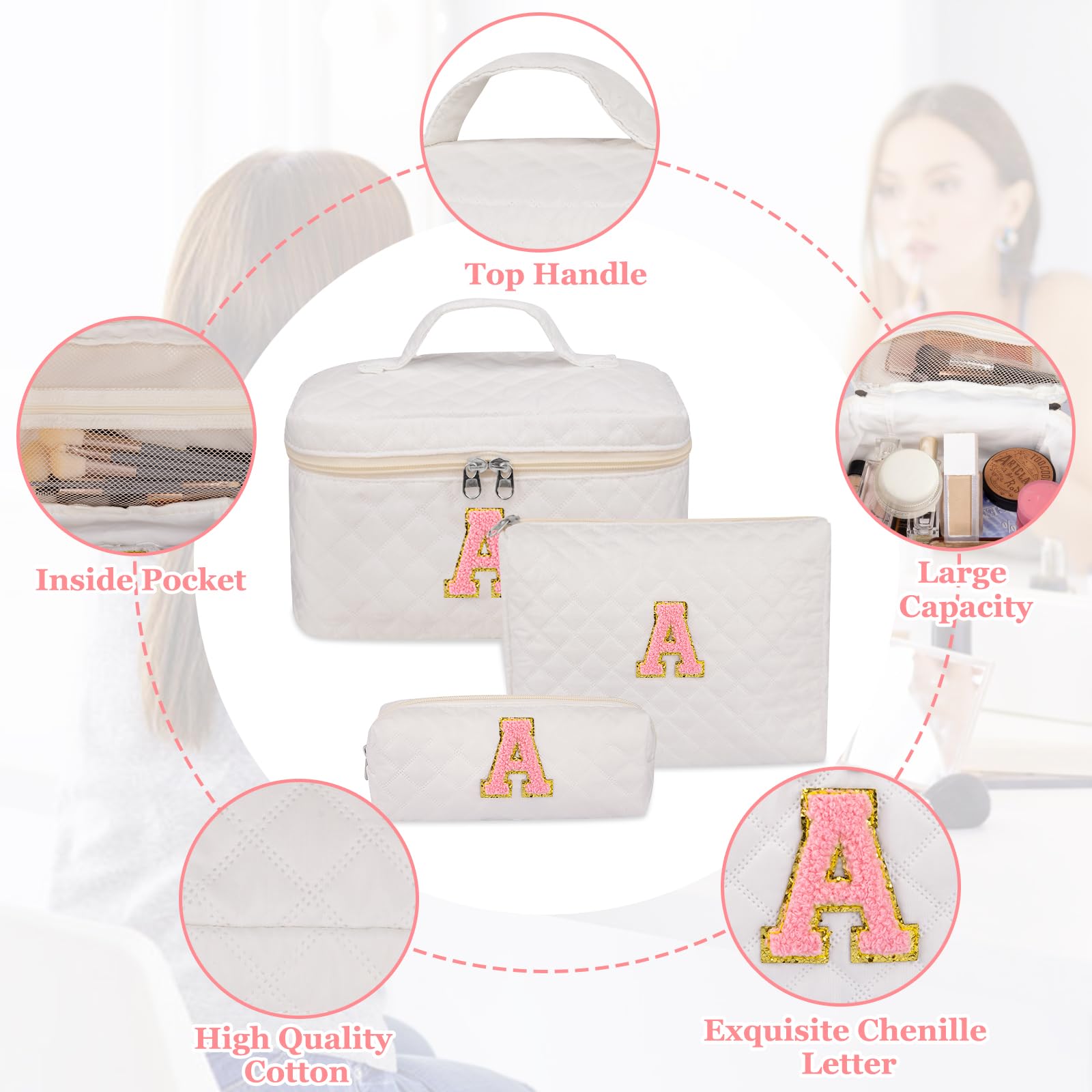 Quilted Makeup Bag for Women - Large Personalized Cosmetic & Toiletry Travel Bag - Perfect Gift for Girlfriend, Sister, Wife