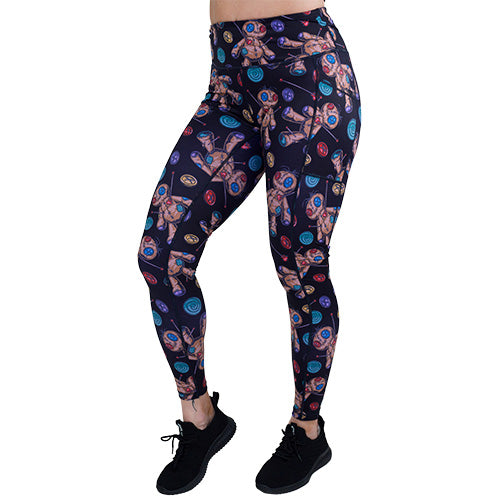 Voodoo Doll Print Leggings for Women - Stylish Black Yoga Pants for Workout, Halloween Costume & Gothic Fashion