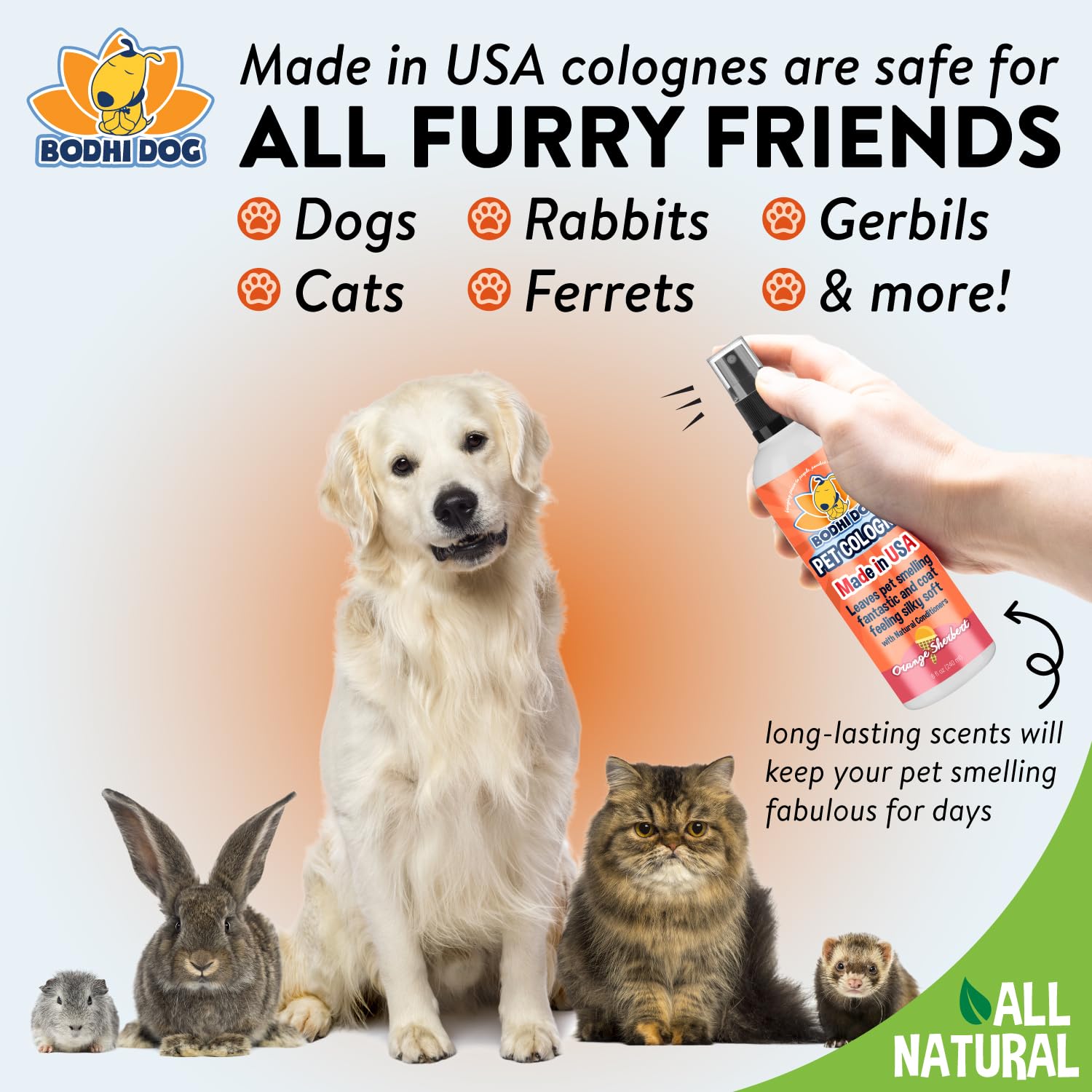 Bodhi Dog Natural Pet Cologne - Orange Sherbet Scented Deodorizing Spray for Dogs & Cats | Gentle Conditioning Formula | USA Made (8 Fl Oz) | Freshen Pets Between Baths & Eliminate Odors for Home, Car & Travel Use