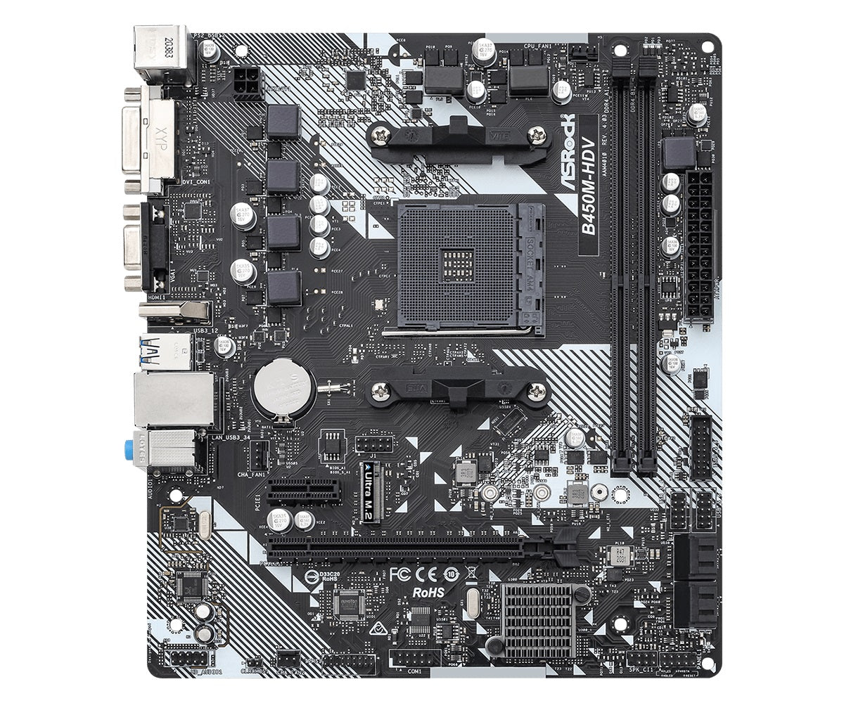 ASRock B450M HDV R4.0 AMD AM4 mATX Motherboard - Supports Ryzen 3000/5000 Series, DDR4, HDMI, USB 3.1 - Perfect for Gaming PC Builds & Home Office Workstations
