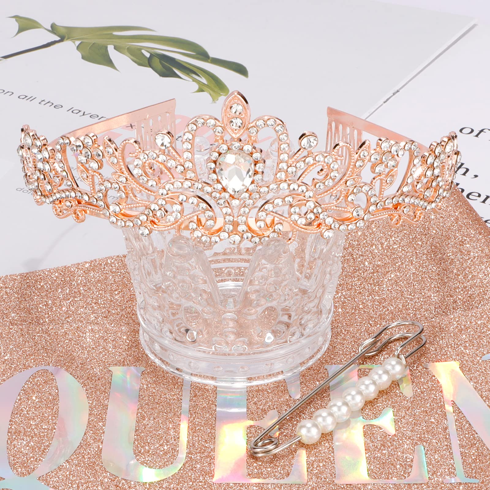 Rose Gold Birthday Crown & Tiara Set for Women - Queen Birthday Sash & Party Decorations | Perfect for Birthday Parties, Bridal Showers & Bachelorette Celebrations
