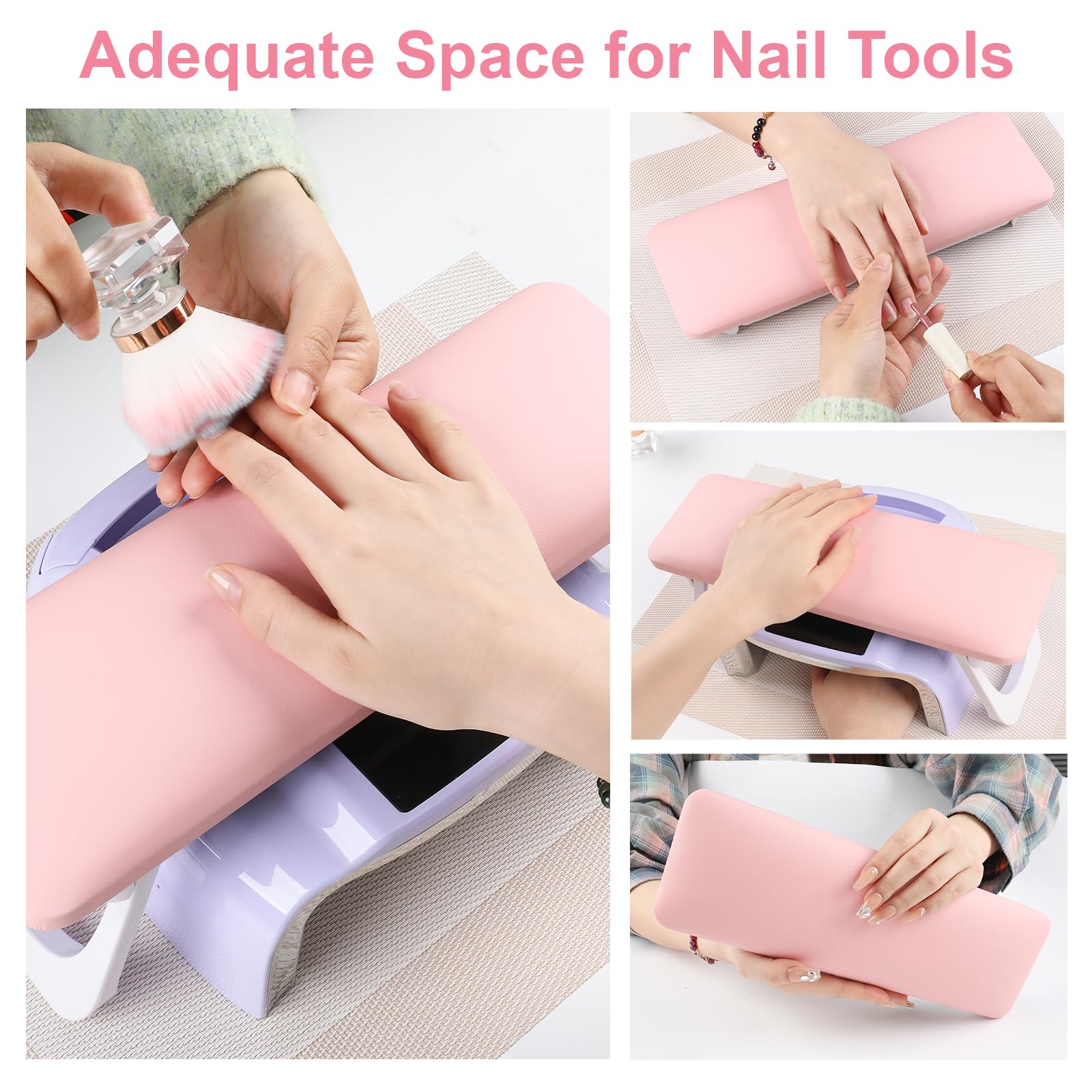 ANGNYA Foldable Nail Arm Rest for Nail Technicians - Pink Manicure Hand Stand with PVC Table Mat & Microfiber Leather - Perfect for Nail Salon, Home Manicures & Professional Nail Art Sessions