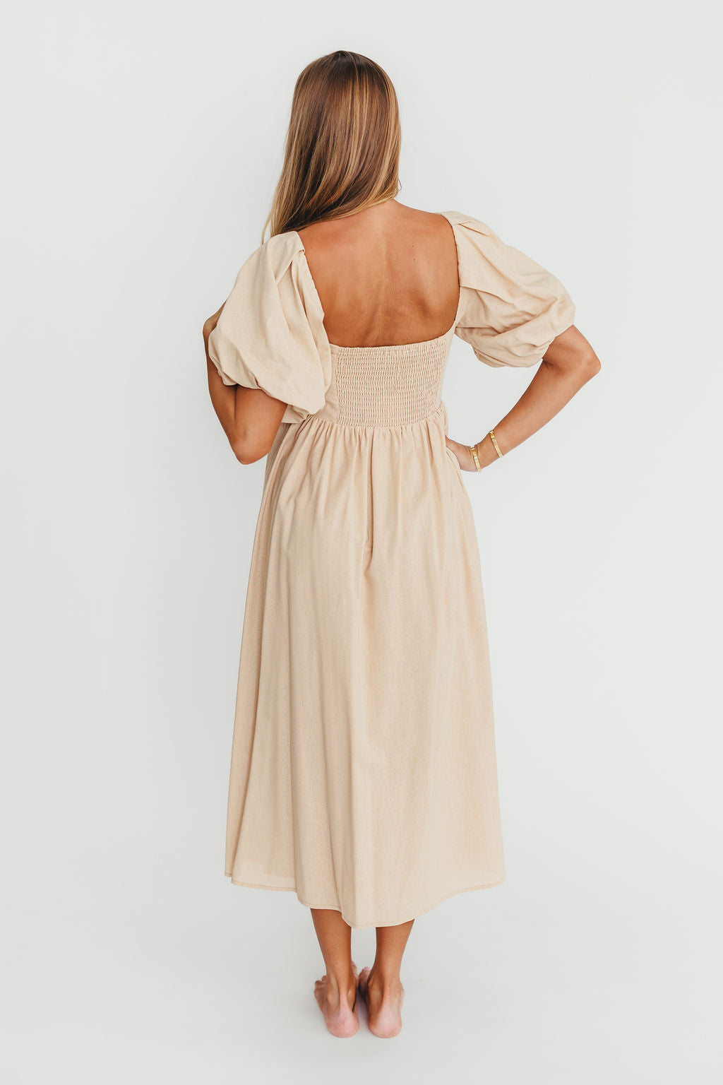 Hamilton Midi Dress in Taupe - Bump Friendly Maternity Dress (Sizes S-2XL) | Flowy Pregnancy Dress for Baby Showers, Date Nights & Office Wear