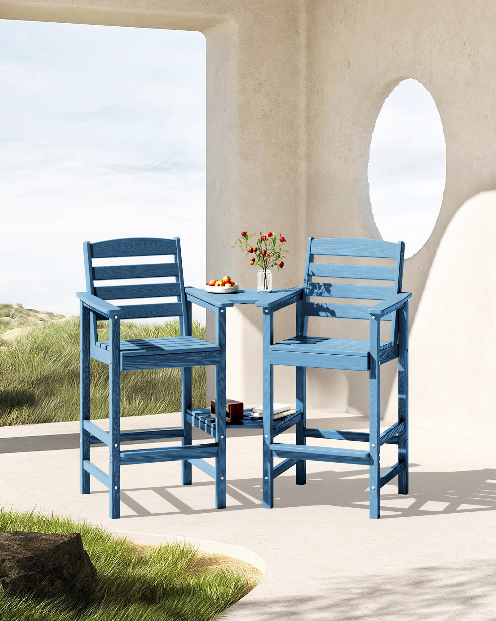 SERWALL 2-Piece Blue Tall Adirondack Chair Set with Connecting Table - Outdoor Patio Furniture for Garden, Poolside, and Backyard Relaxation