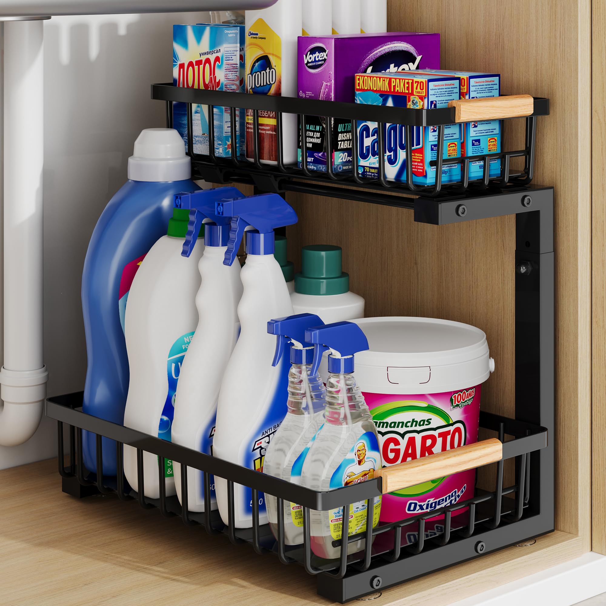 Under Sink Organizer Pull Out Storage - 2 Tier Sliding Metal Rack for Kitchen & Bathroom Cabinet (Black, 1 Pack) | Space Saving Solution for Sponges, Cleaners & Household Supplies