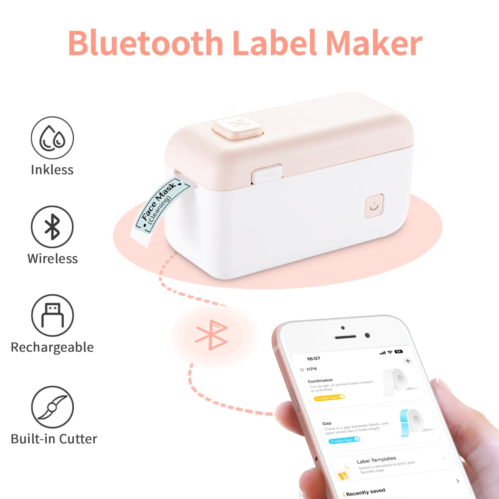 Portable Bluetooth Label Maker Machine with Tape - HP4 Mini Label Printer with Built-in Cutter & Multiple Templates for Office, Home, Storage Organization | Perfect for Filing, Pantry Labeling & Craft Projects