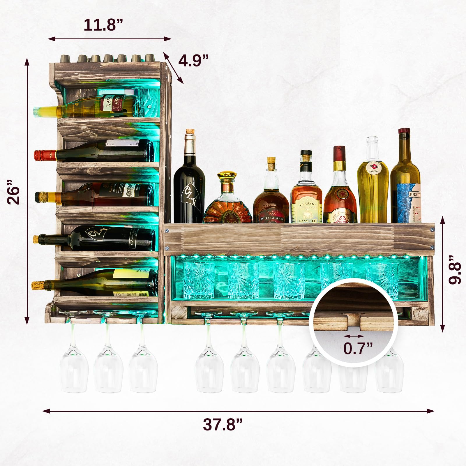 Wall Mounted Wooden Wine Rack with LED Lights - Rustic Alcohol Shelf with Bottle & Stemware Holder - Home Bar Storage with Cork Compartment - Perfect for Kitchen Decor & Wine Display in Dining Rooms