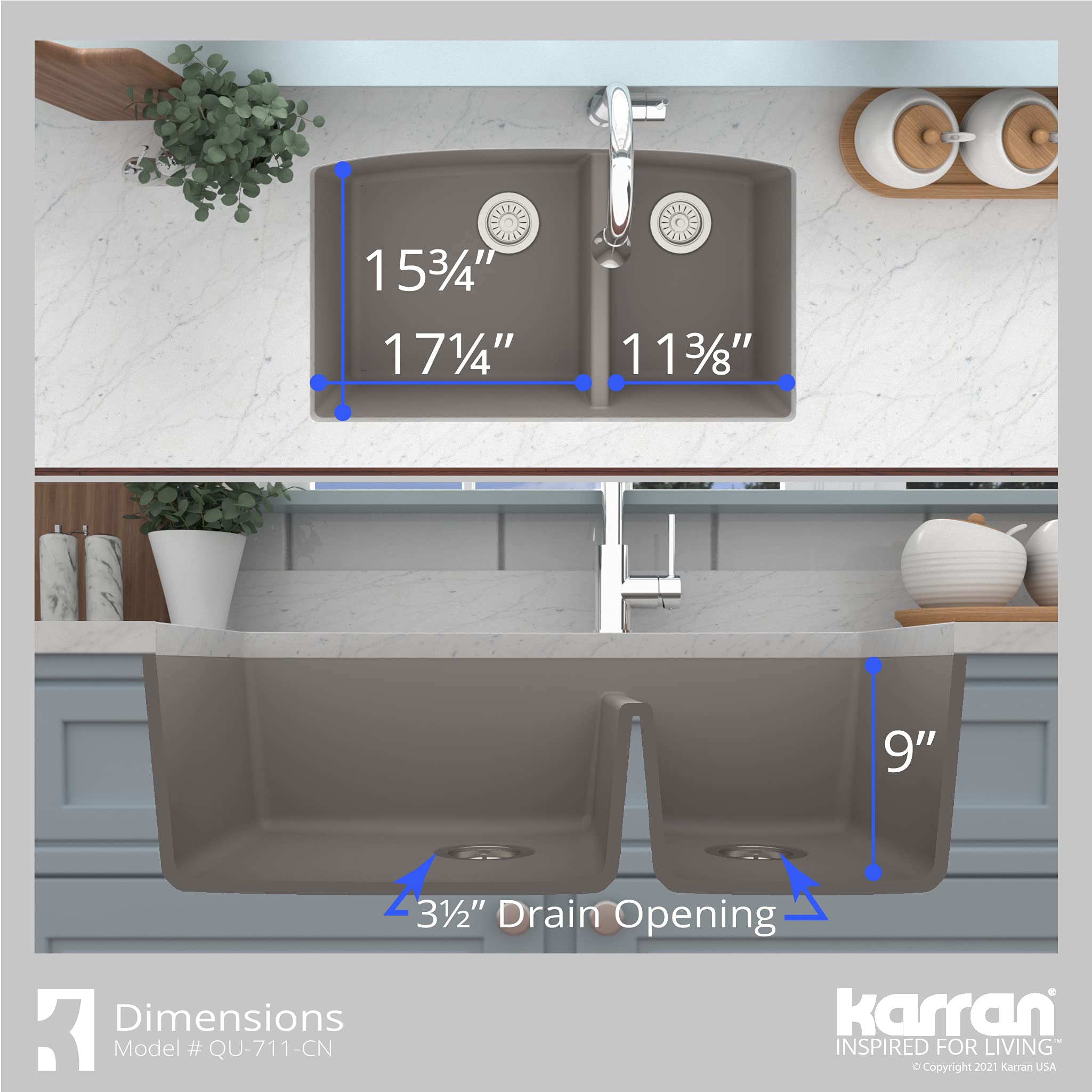 Karran 32-Inch Undermount Double Bowl Kitchen Sink - 60/40 Quartz Composite in Concrete Gray | Durable & Stain-Resistant for Modern Kitchens, Perfect for Meal Prep and Cleanup
