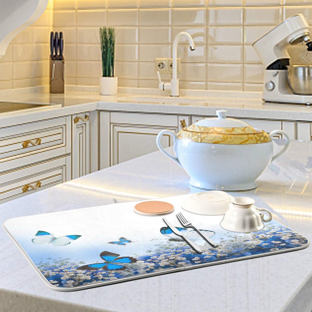 Susiyo Super Absorbent Microfiber Dish Drying Mat - Blue Hydrangeas & Butterfly Design - Heat-Resistant Kitchen Counter Mat (18x24 Inch) for Drying Dishes, Utensils & Cookware - Perfect for Kitchen Countertops, Sink Areas & Dish Rack Protection
