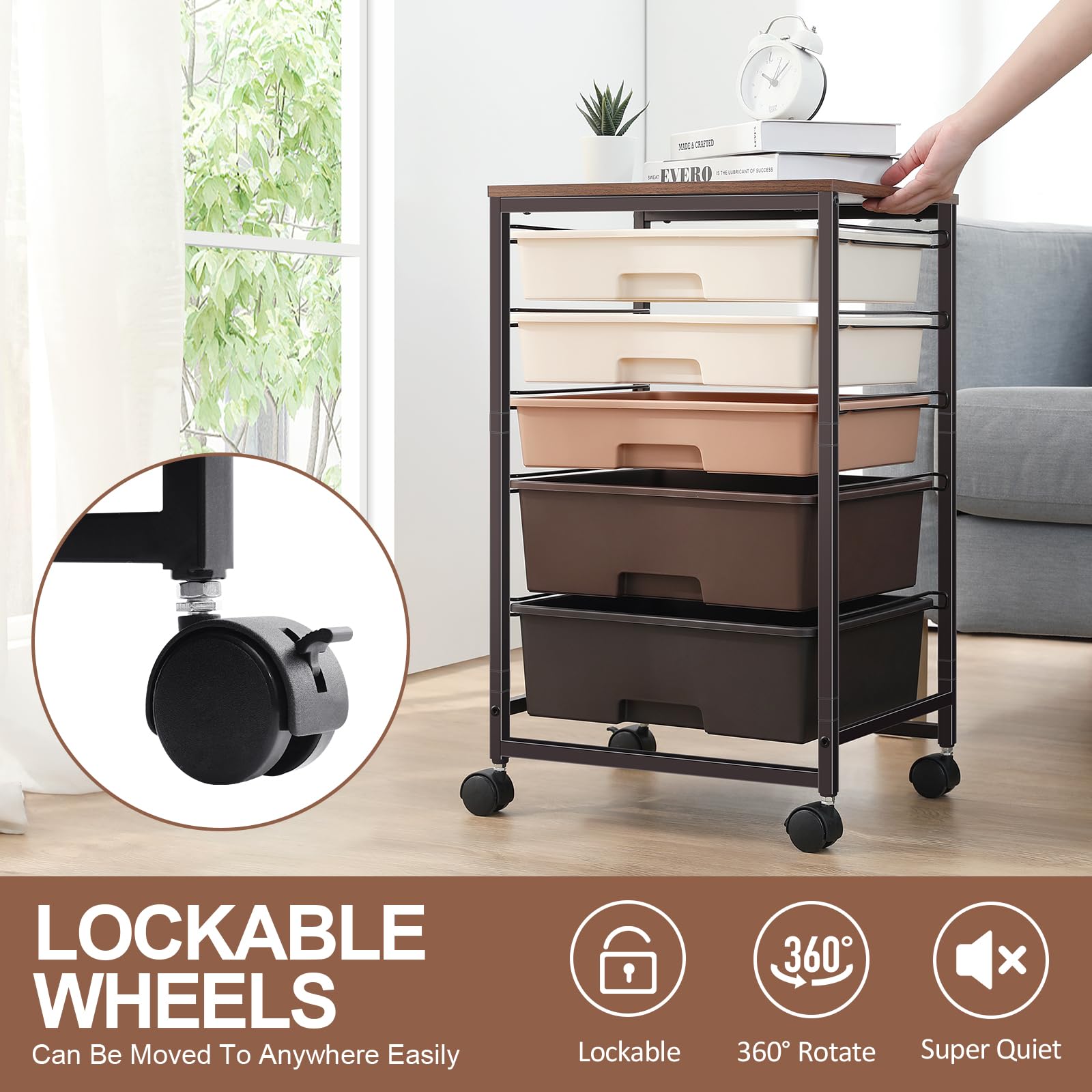 5-Drawer Utility Cart with Wooden Tabletop & Lockable Wheels - Large Capacity Rolling Storage Cart for Office, Kitchen, or Workshop Organization (Brown)