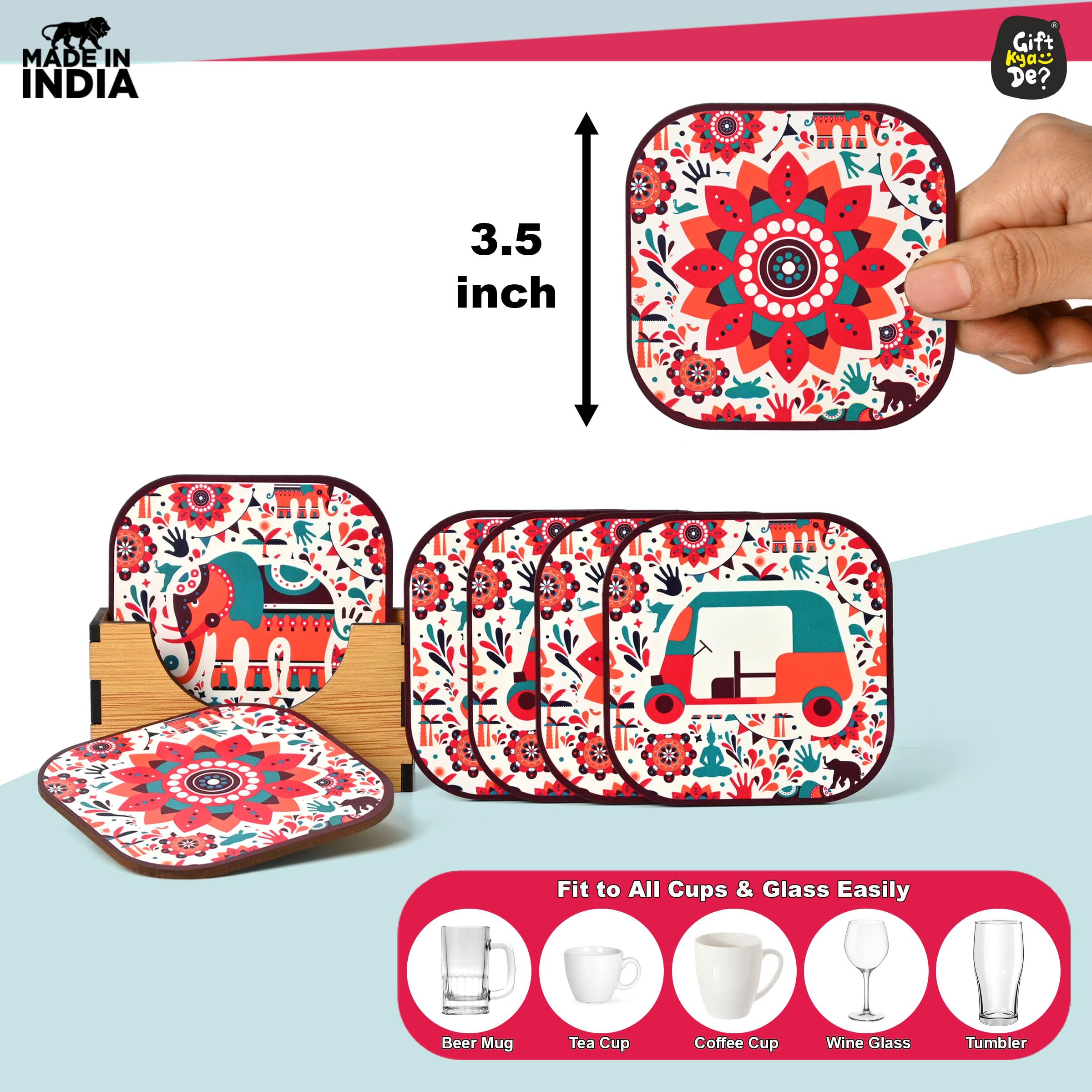 GKD Set of 6 Vibrant India-Themed Wooden Coasters - 3.8x3.8 Inch Square Eco-Friendly Drink Coasters for Tea Cups, Coffee Mugs & Glasses - Perfect for Home, Office & Restaurant Use