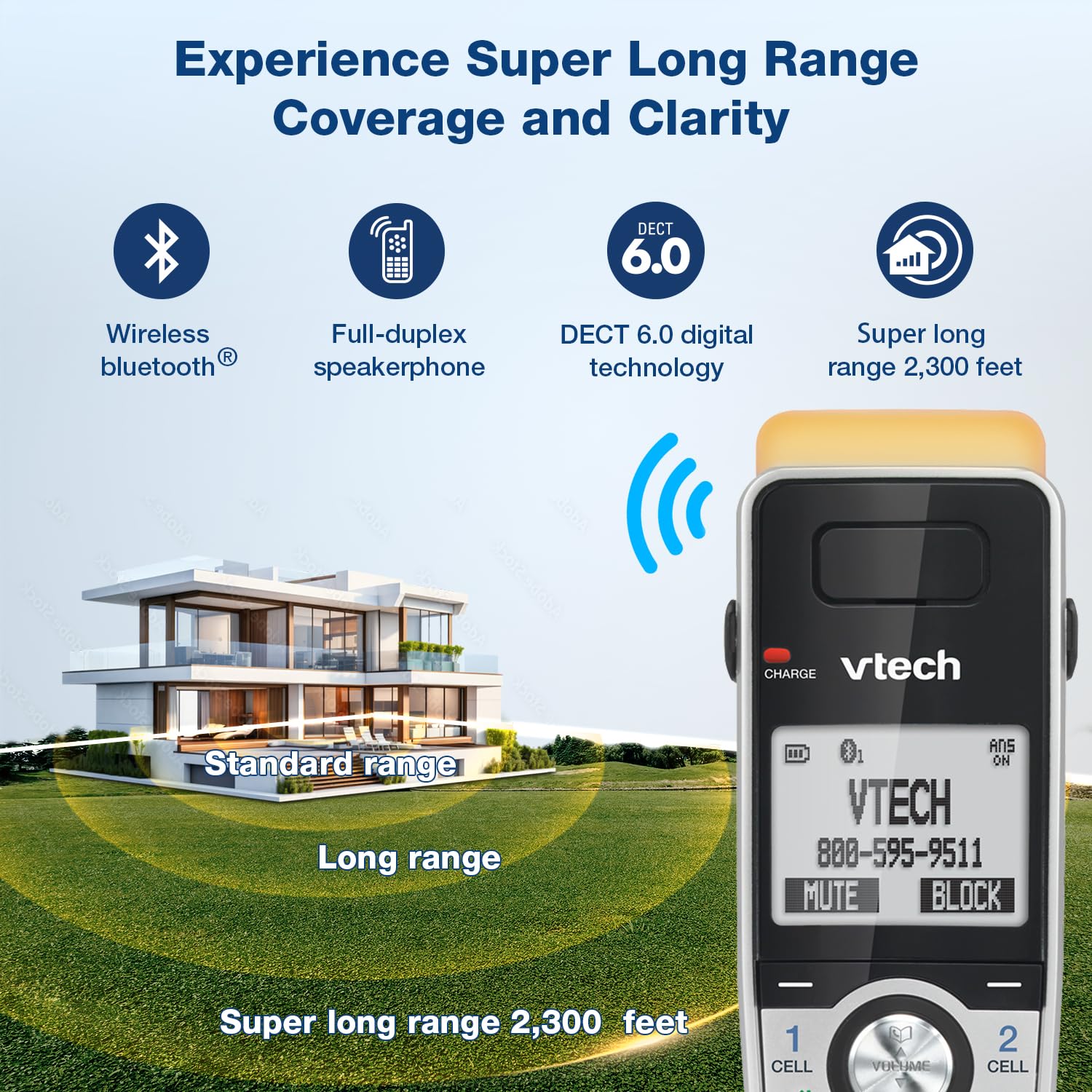 VTech IS8151-5 Super Long Range 5 Handset DECT 6.0 Cordless Phone for Home with Answering Machine - 2300 ft Range, Call Blocking, Bluetooth, Headset Jack, Power Backup, Intercom, Expandable to 12 Handsets - Perfect for Large Homes, Offices & Multi-Room Communication