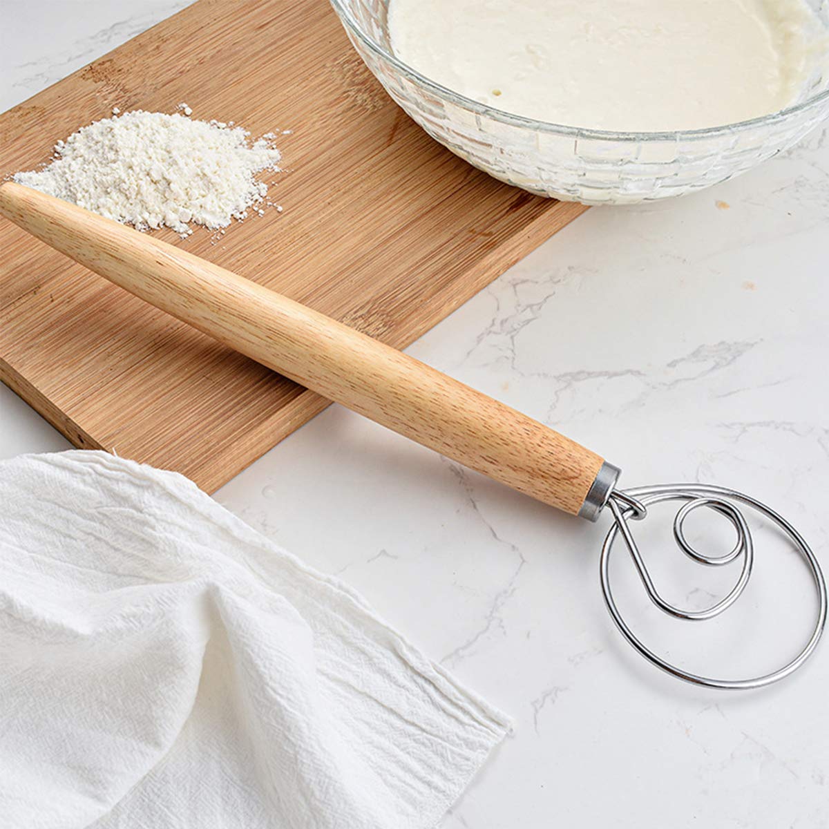 DBAILY 3-Piece Danish Dough Whisk Set - Stainless Steel Pastry Mixer with Wooden Handle for Baking Bread, Cakes, Pies & Pizza - Perfect for Home Bakers & Professional Chefs (Ideal for Sourdough, Desserts, Pastry Making)