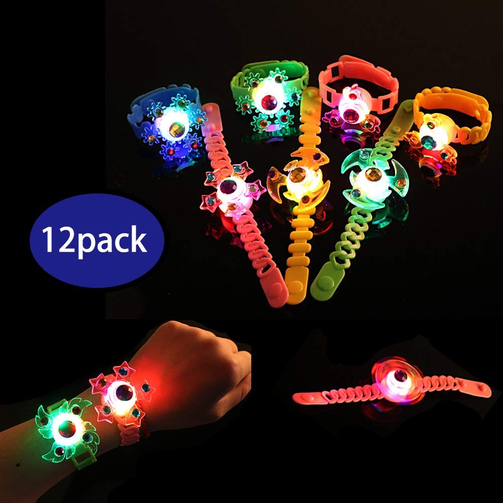 Glory Island 12 Pack LED Spin Glow Bracelets - Light Up Party Favors for Kids, Glow in The Dark Toys, Stress Relief & Anxiety Toys for Boys and Girls - Perfect for Birthday Parties, Halloween, Raves & Nighttime Events