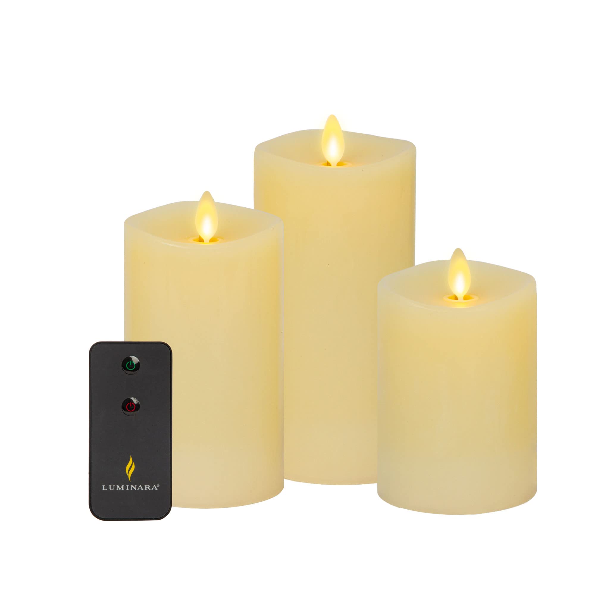 Luminara Realistic Flameless LED Candles - Set of 3 Ivory Pillar Candles with Remote Control, Moving Flame Effect, Timer & Melted Wax Design | Battery Operated, Safe for Home Decor, Weddings, Dining & Relaxation