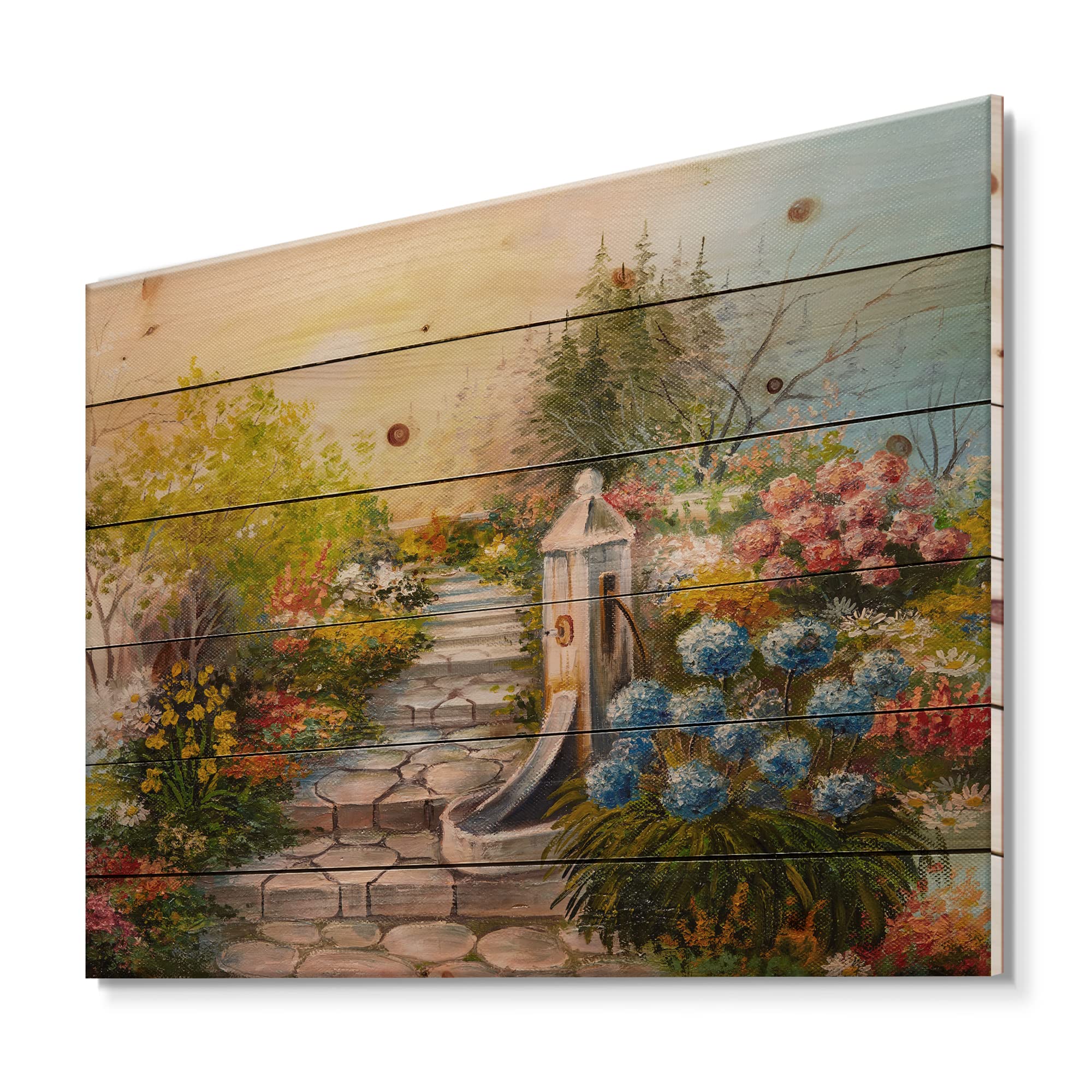 DesignQ Blossoming Forest Stone Stairs Traditional Wood Wall Art - Large Landscape Pine Wood Panel Decor for Living Room, Bedroom & Office