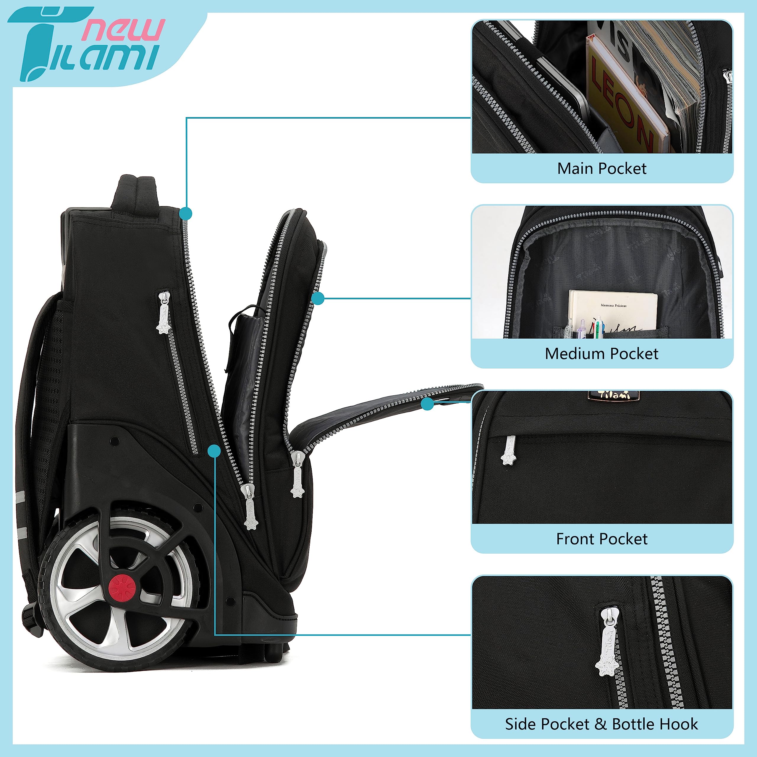 TILAMI 19 Inch Rolling Backpack with Lunch Compartment - Wheeled Laptop Backpack for Travel, School & Work - Durable Carry-On Bookbag with Wheels for Men & Women (Black) | Perfect for Business Trips, College Students & Daily Commute
