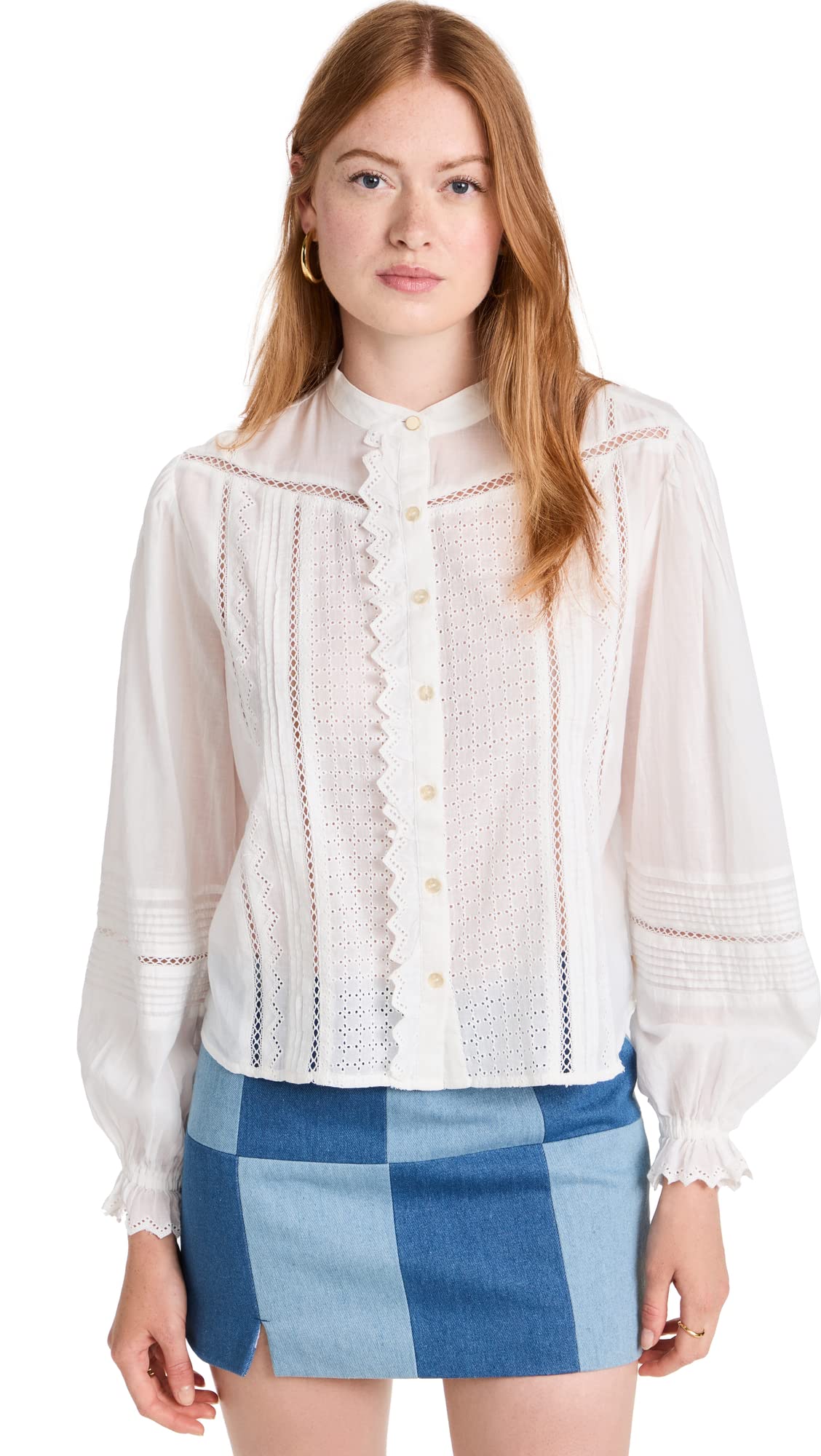 Scotch & Soda Women's Long Sleeve Broderie Blouse - Elegant Embroidered Top for Work, Date Night & Special Occasions