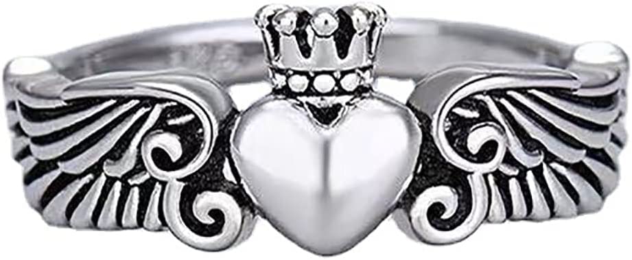 Vintage Angel Wings Ring with Crown Heart Design - Adjustable Knuckle Ring for Women, Girls & Teens - Silver A - Perfect for Prom, Wedding & Everyday Fashion Jewelry