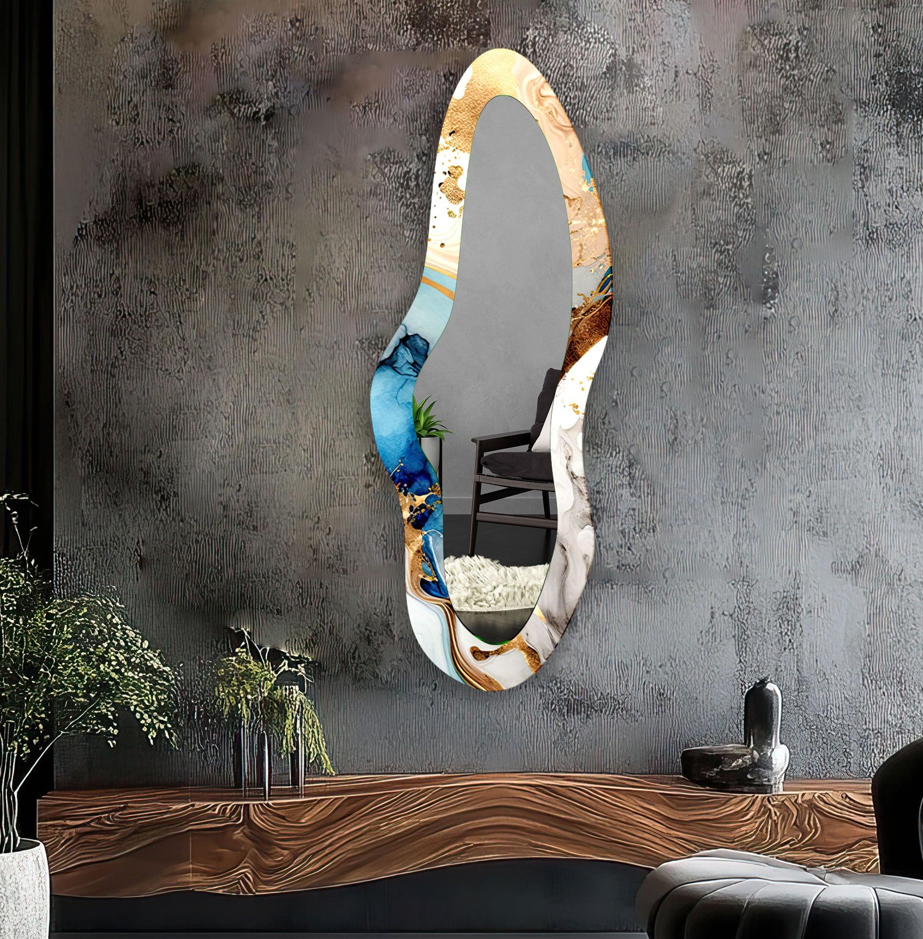Blue Decorative Irregular Long Wall Mirror - Modern Unique Home Decor for Living Room, Bedroom & Entryway