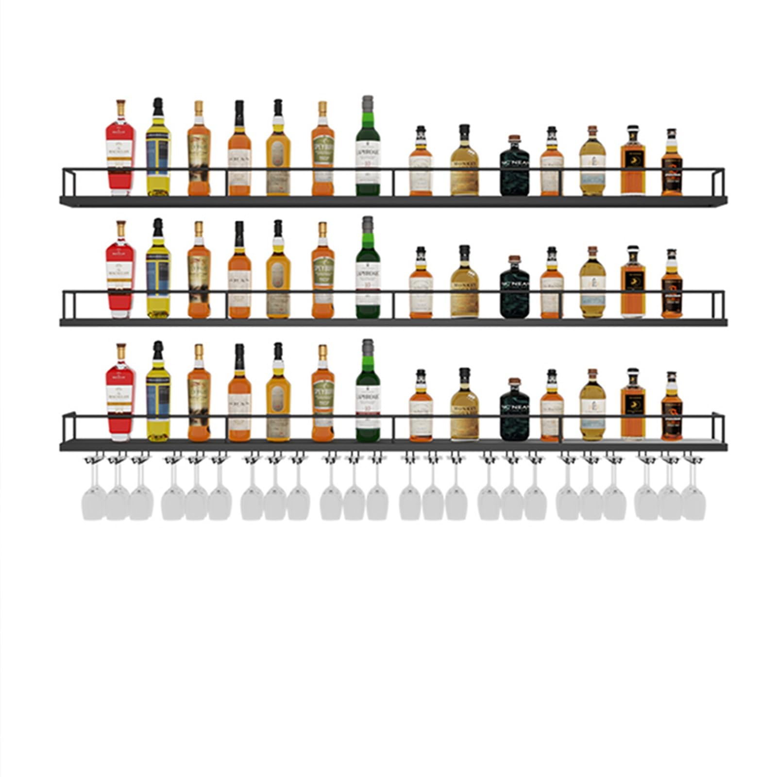 Simple Home Wall Mounted Metal Bar Shelf for Liquor - Iron Wine Shelf with Glass Rack - Perfect for Living Room, Bar, Kitchen & Restaurant (Black)