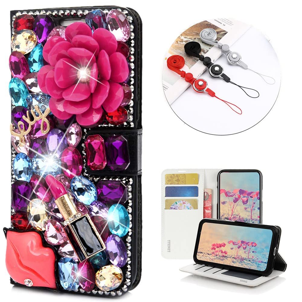STENES Bling Wallet Phone Case for Samsung Galaxy Note 10 Plus - 3D Crystal Rose & Lipstick Design Magnetic Leather Cover with Neck Strap (3 Pack, Red) - Perfect for Parties, Dating & Everyday Use