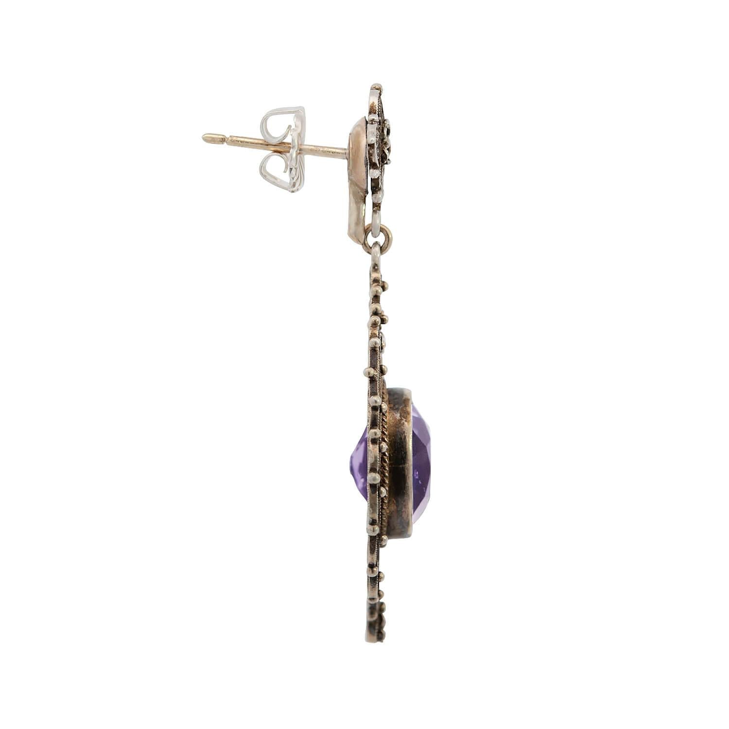 Antique Edwardian Italian Silver Gilt Amethyst Drop Earrings - Vintage Jewelry for Women, Wedding, Party & Special Occasions