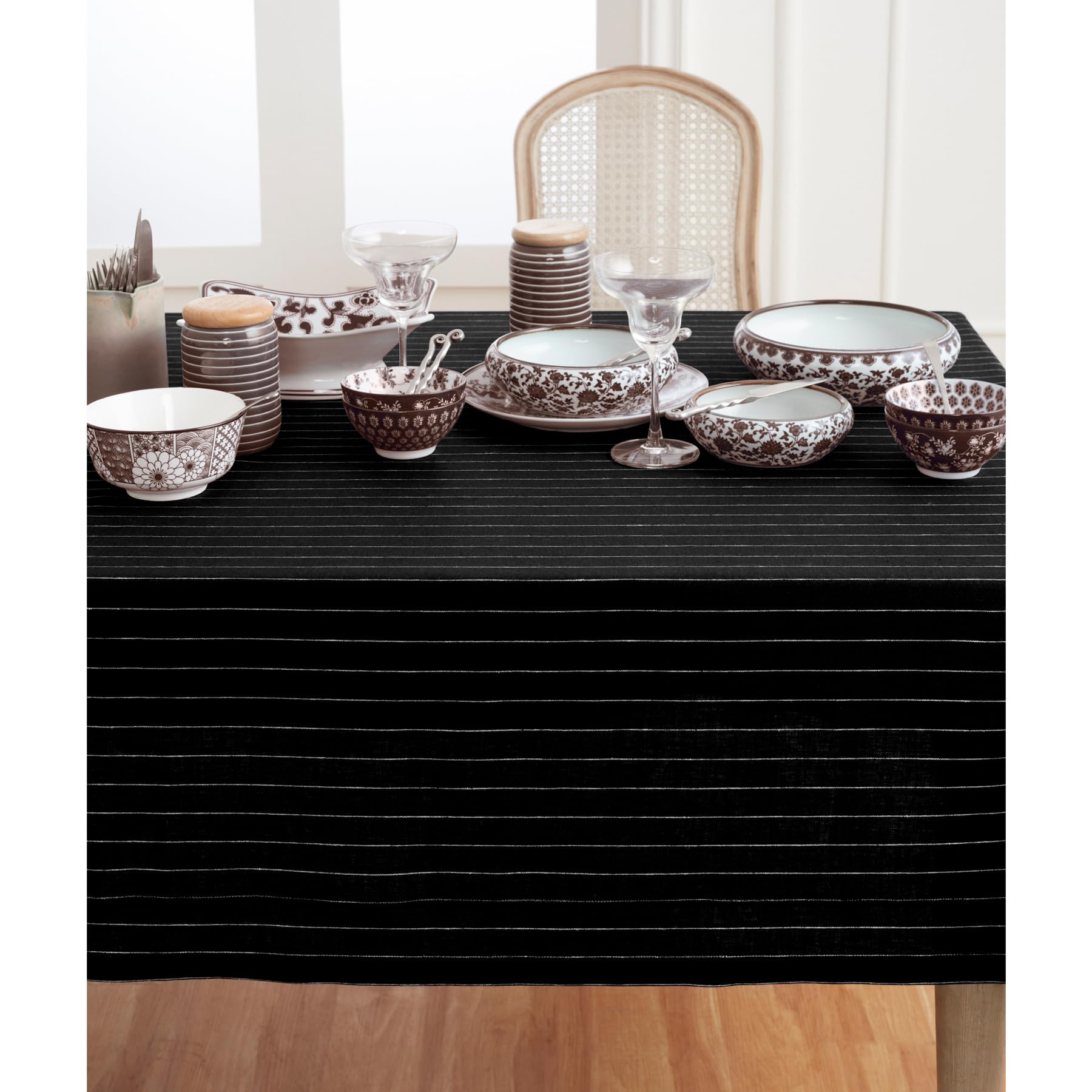 Solino Home 60x120 Inch Pinstripe Linen Tablecloth - 100% Pure Black & White Linen Table Cover for Dining Room, Spring & Easter Decor - Handcrafted, Machine Washable - Perfect for Dinner Parties, Holiday Gatherings & Restaurant Use