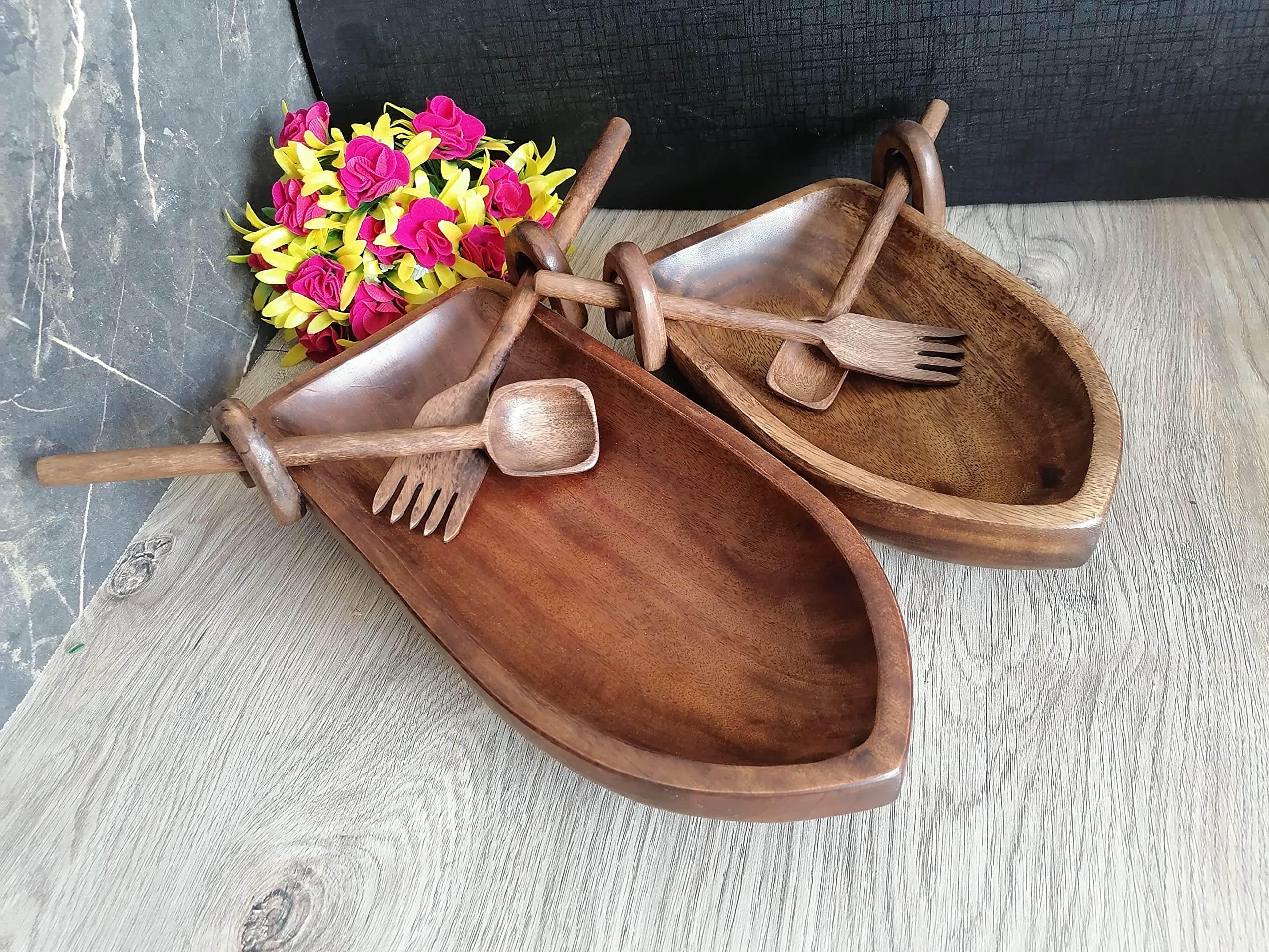 Premium Set of 2 Acacia Wood Serving Trays - Natural Brown Wooden Boat-Shaped Platters for Fruits, Salads, Snacks, Charcuterie & Appetizers | Includes 2 Forks & Spoons (10