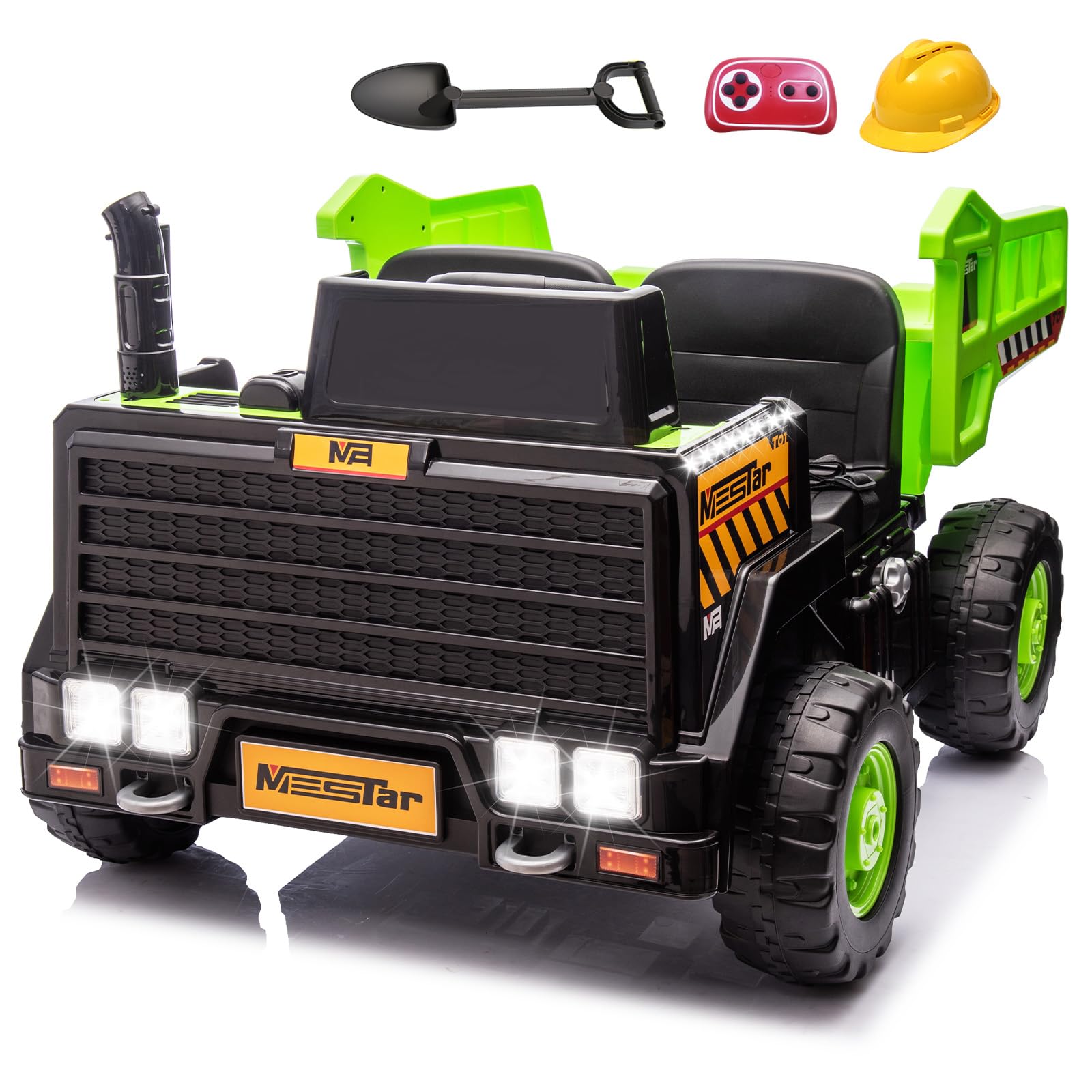 24V 2 Seater Kids Ride On Dump Truck with Remote Control - 4WD/2WD Electric Toy Car for Big Kids (5 MPH Max Speed) - Includes Dump Bed, Shovel & Traffic Cones - Perfect for Outdoor Play & Construction Pretend Play (Green)