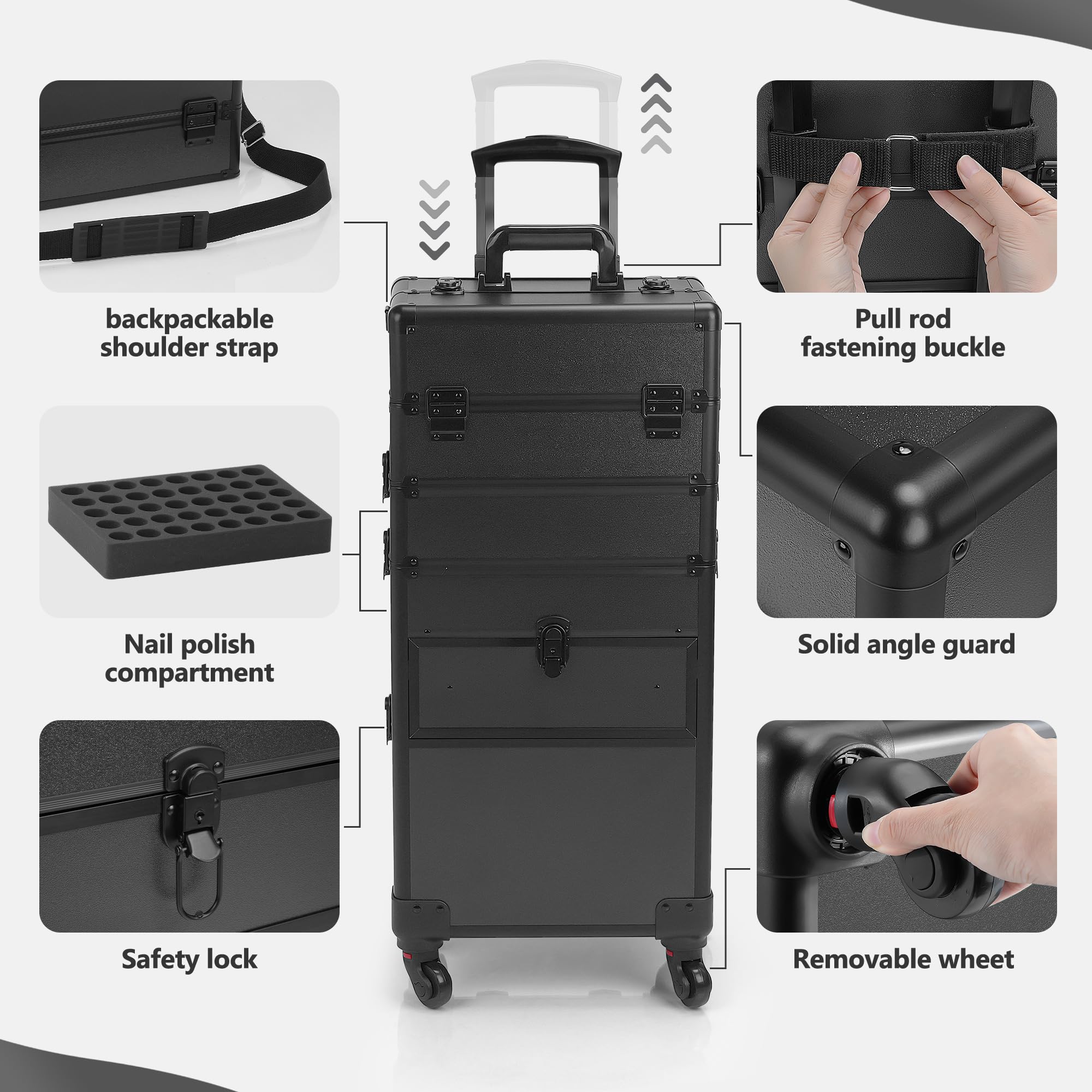 4 in 1 Rolling Makeup Case with Wheels & Drawers - Professional Cosmetic Organizer for Salon, Barber & Travel - Bright Black - Perfect for Mobile Stylists & On-the-Go Beauty Professionals