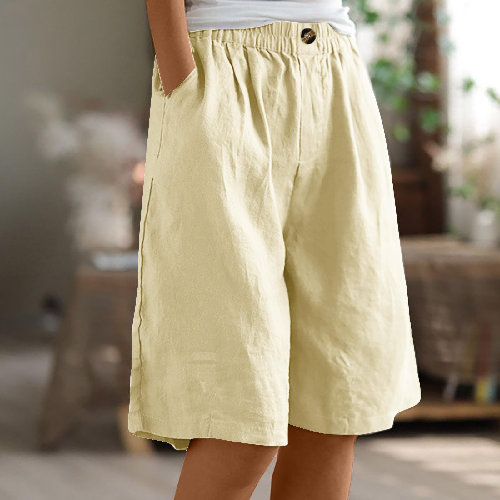 Women's High Waisted Linen Shorts - Casual Summer Beach Shorts with Elastic Waist & Pockets - Lightweight Comfortable Shorts in Beige (XX-Large) - Perfect for Vacation, Travel, and Outdoor Activities