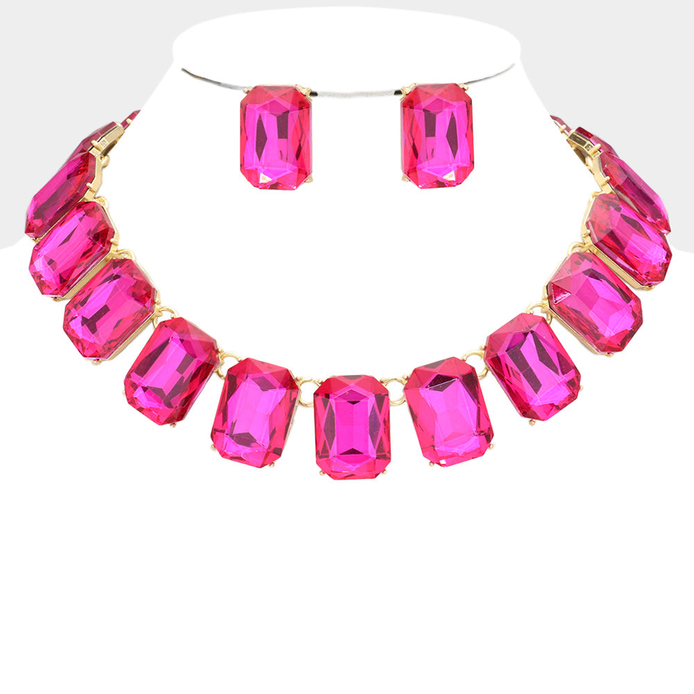 Fuchsia Crystal Emerald Cut Stone Link Statement Necklace for Women | Elegant Evening Party Jewelry | Perfect for Prom, Homecoming, Weddings & Special Occasions
