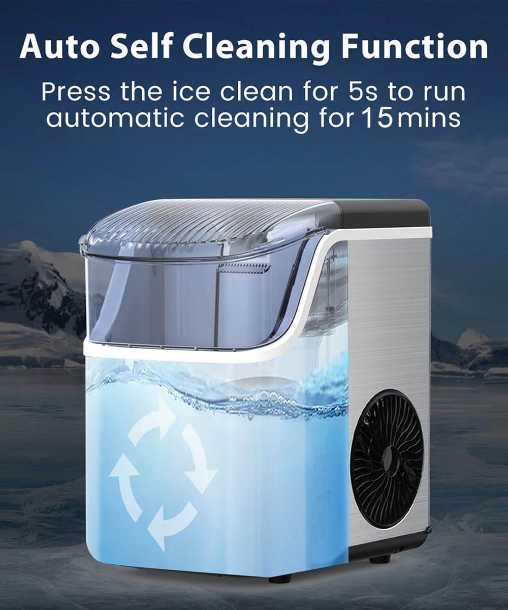 Portable Nugget Ice Maker Machine - 33lbs/Day, Self-Cleaning Countertop Ice Maker with Handle, Stainless Steel - Perfect for Home, Office, and Outdoor Use