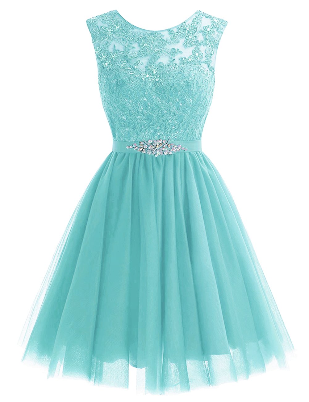 Elegant Short Lace Cocktail Dress with Crystal Sash for Homecoming & Prom | Tulle A-Line Party Dress for Women | Perfect for Dances, Weddings & Special Occasions