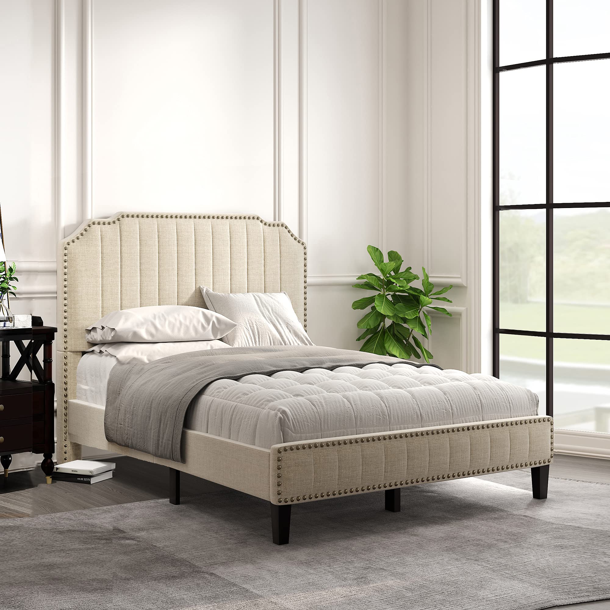 Civama Upholstered Full Bed Frame with Headboard - Modern Linen Fabric, Curved Design & Decorative Nailheads - Wooden Slat Support Platform Bed - Easy Assembly in Cream - Perfect for Master Bedrooms, Guest Rooms & Modern Apartments