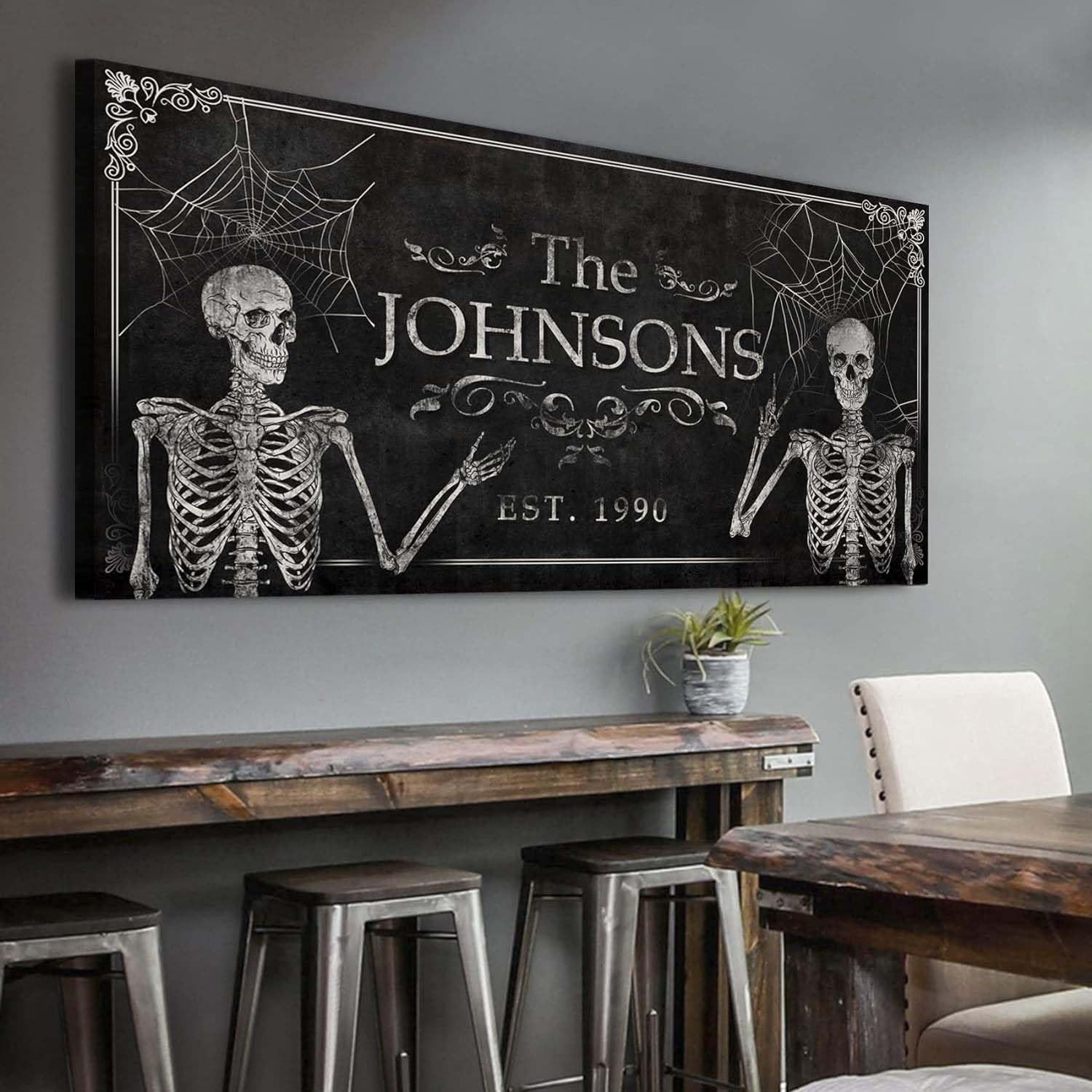 Custom Gothic Family Wall Art - Personalized Vintage Skeleton Decor for Bedroom & Living Room | Grunge Halloween Home Decor for Couples | 60x30 Inch White Canvas Print | Perfect for Gothic Lovers, Spooky Room Aesthetic & Unique Gift Idea