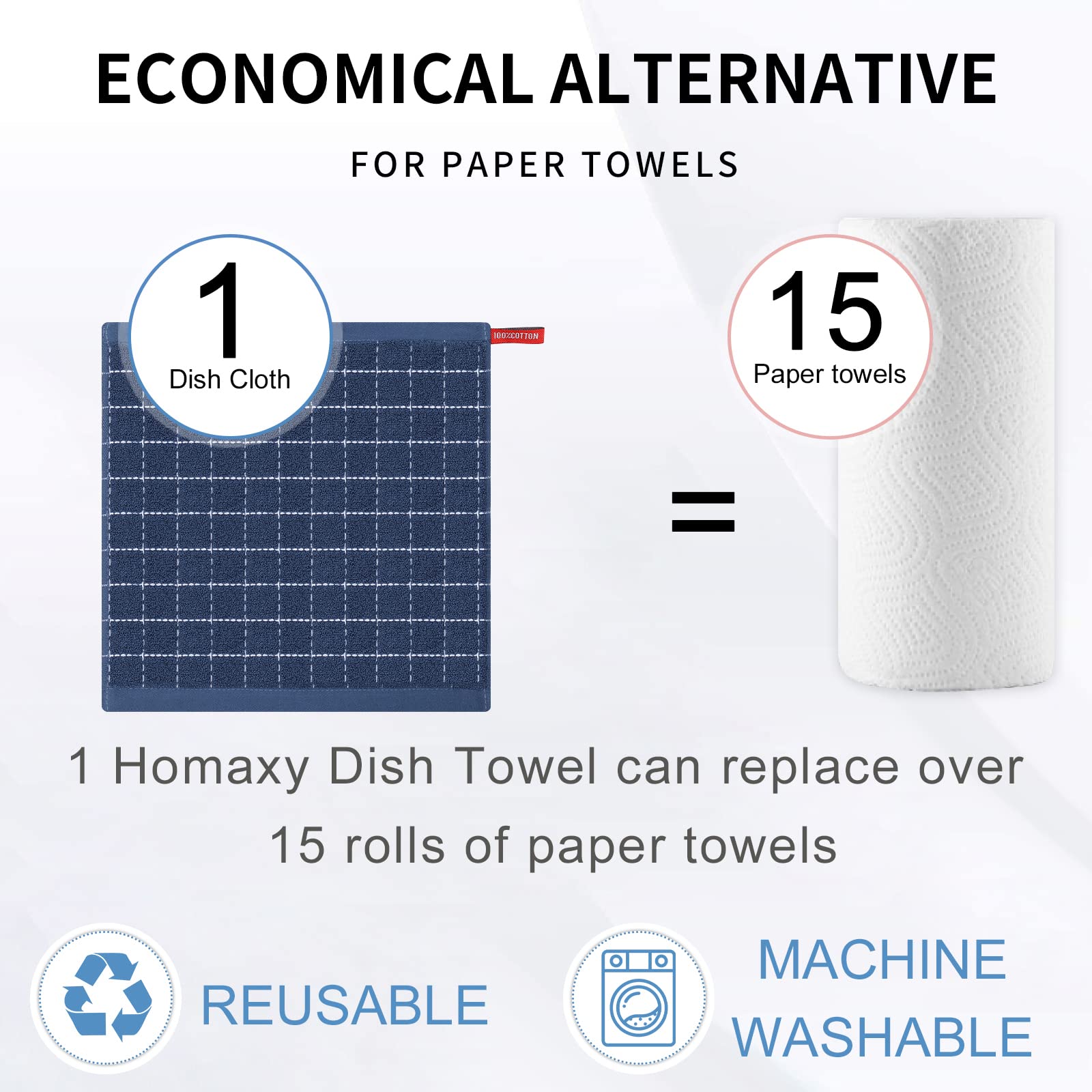 Homaxy 100% Cotton Dish Cloths - Ultra Soft Absorbent Kitchen Towels for Drying Dishes, 6 Pack - Navy Blue